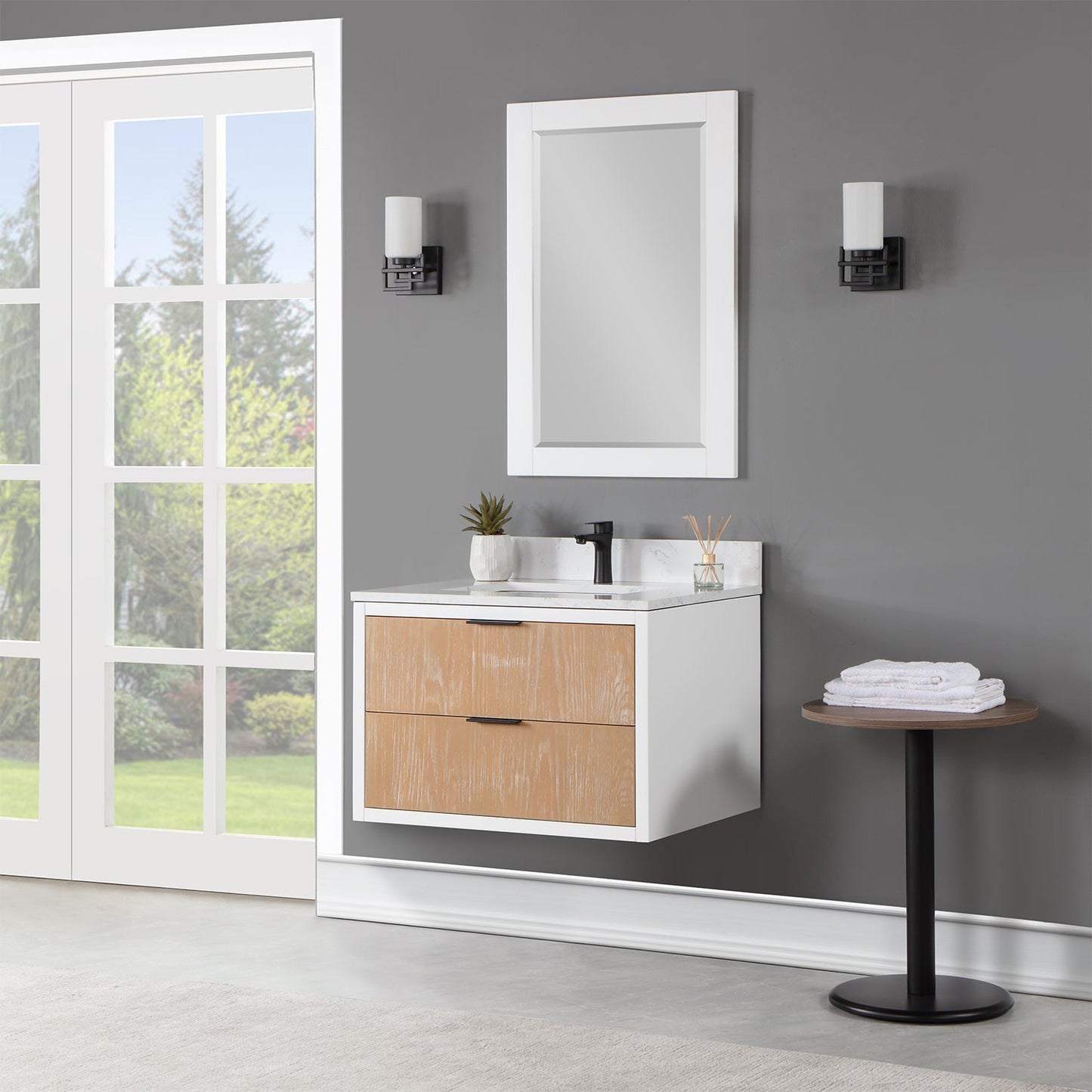 Dione 30" Single Bathroom Vanity in Weathered Pine with Aosta White Engineered Stone Countertop with Mirror