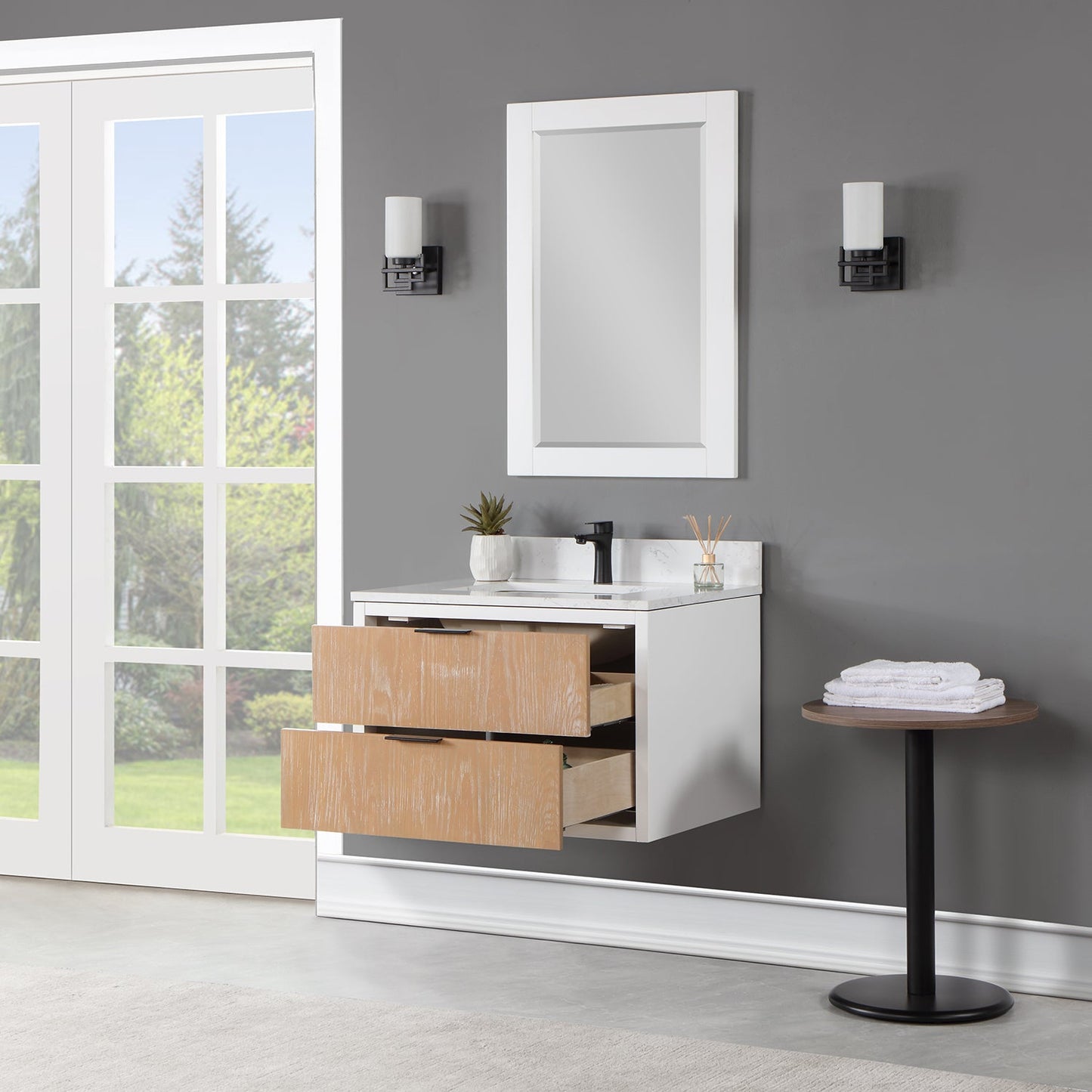 Dione 30" Single Bathroom Vanity in Weathered Pine with Aosta White Engineered Stone Countertop with Mirror