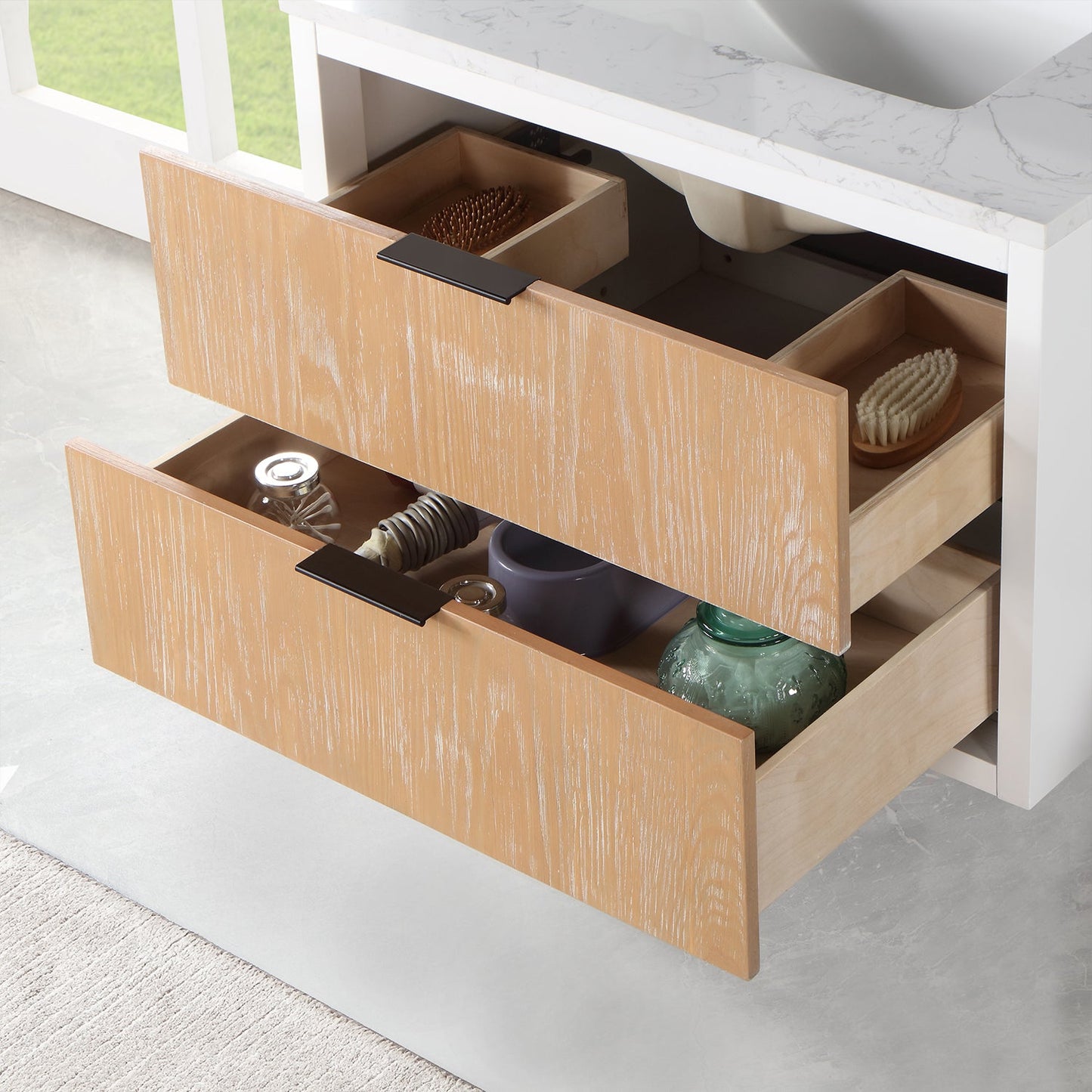 Dione 30" Single Bathroom Vanity in Weathered Pine with Aosta White Engineered Stone Countertop with Mirror