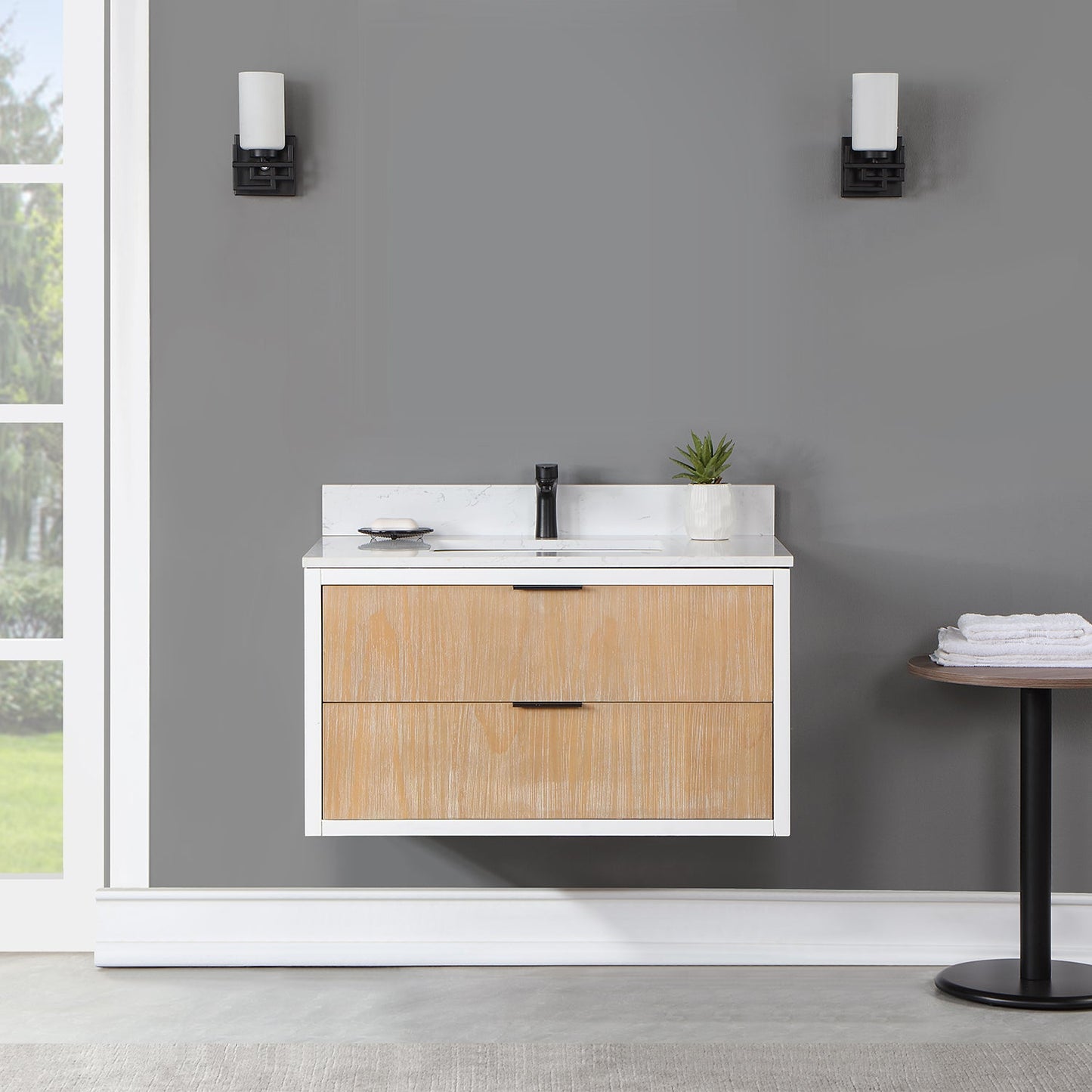 Dione 36" Single Bathroom Vanity in Weathered Pine with Aosta White Engineered Stone Countertop without Mirror