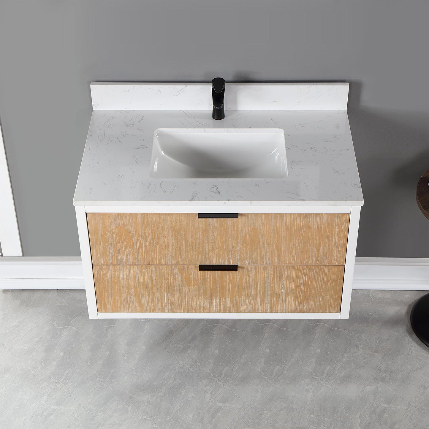 Dione 36" Single Bathroom Vanity in Weathered Pine with Aosta White Engineered Stone Countertop without Mirror