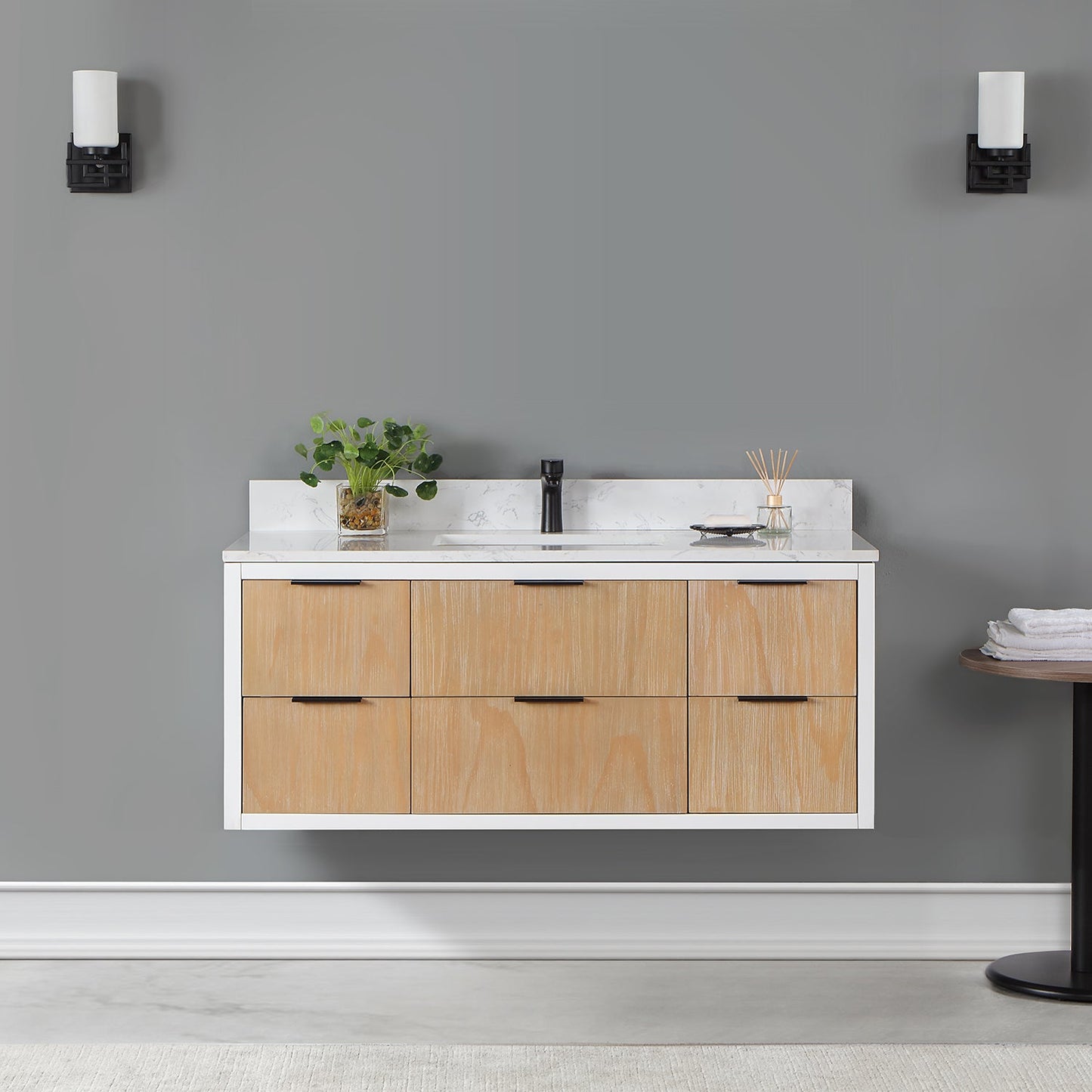 Dione 48" Single Bathroom Vanity in Weathered Pine with Aosta White Engineered Stone Countertop without Mirror