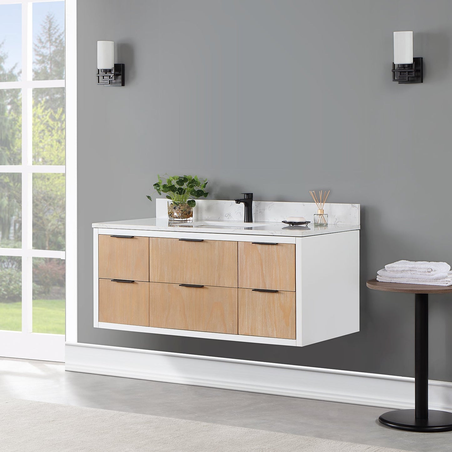 Dione 48" Single Bathroom Vanity in Weathered Pine with Aosta White Engineered Stone Countertop without Mirror