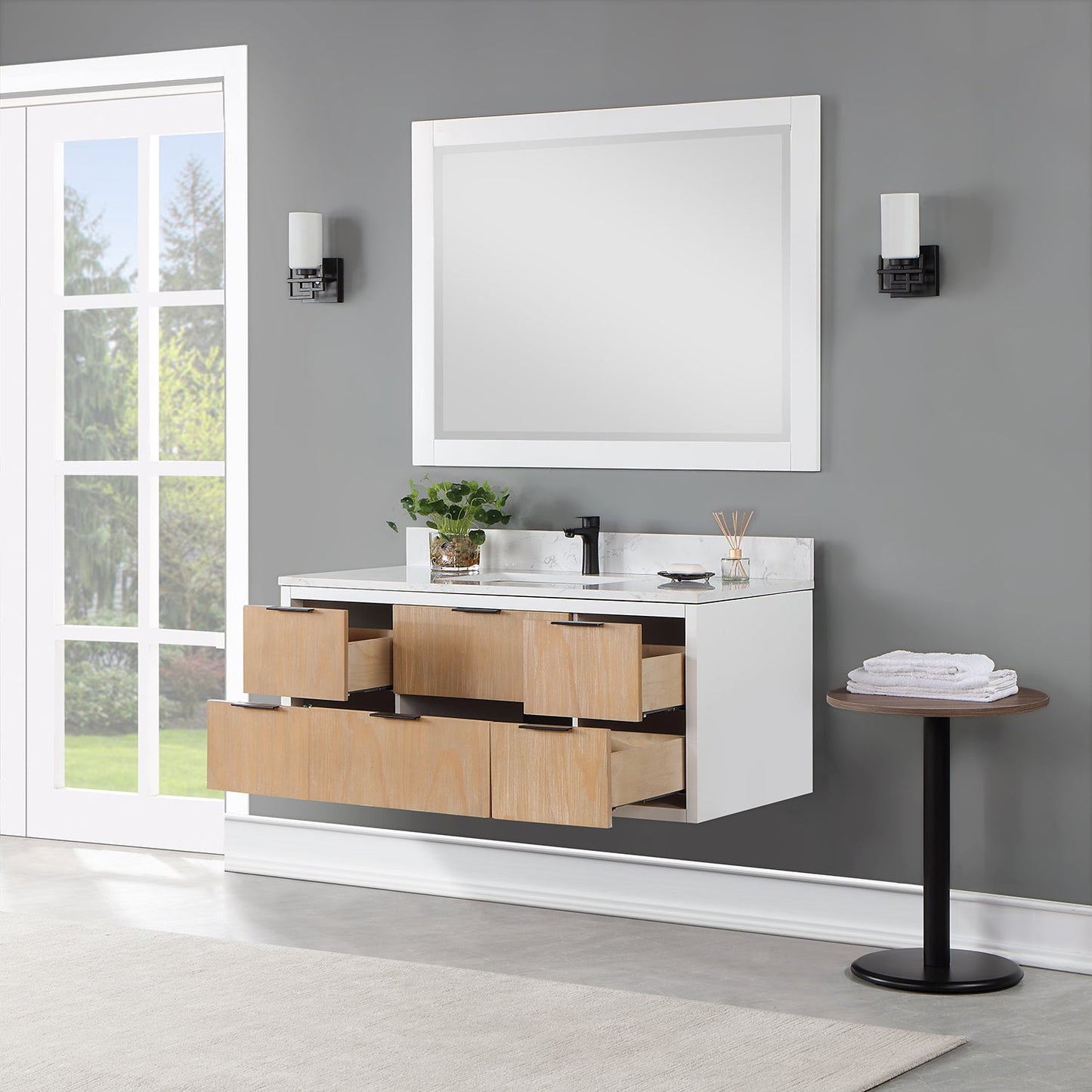 Dione 48" Single Bathroom Vanity in Weathered Pine with Aosta White Engineered Stone Countertop with Mirror