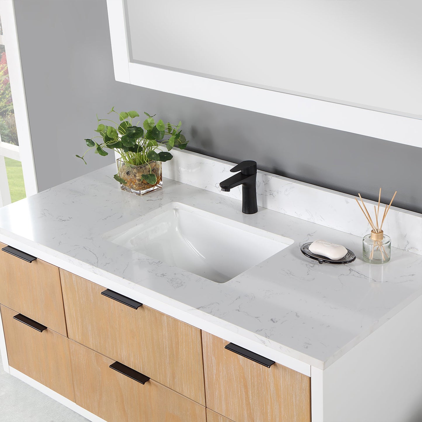 Dione 48" Single Bathroom Vanity in Weathered Pine with Aosta White Engineered Stone Countertop with Mirror
