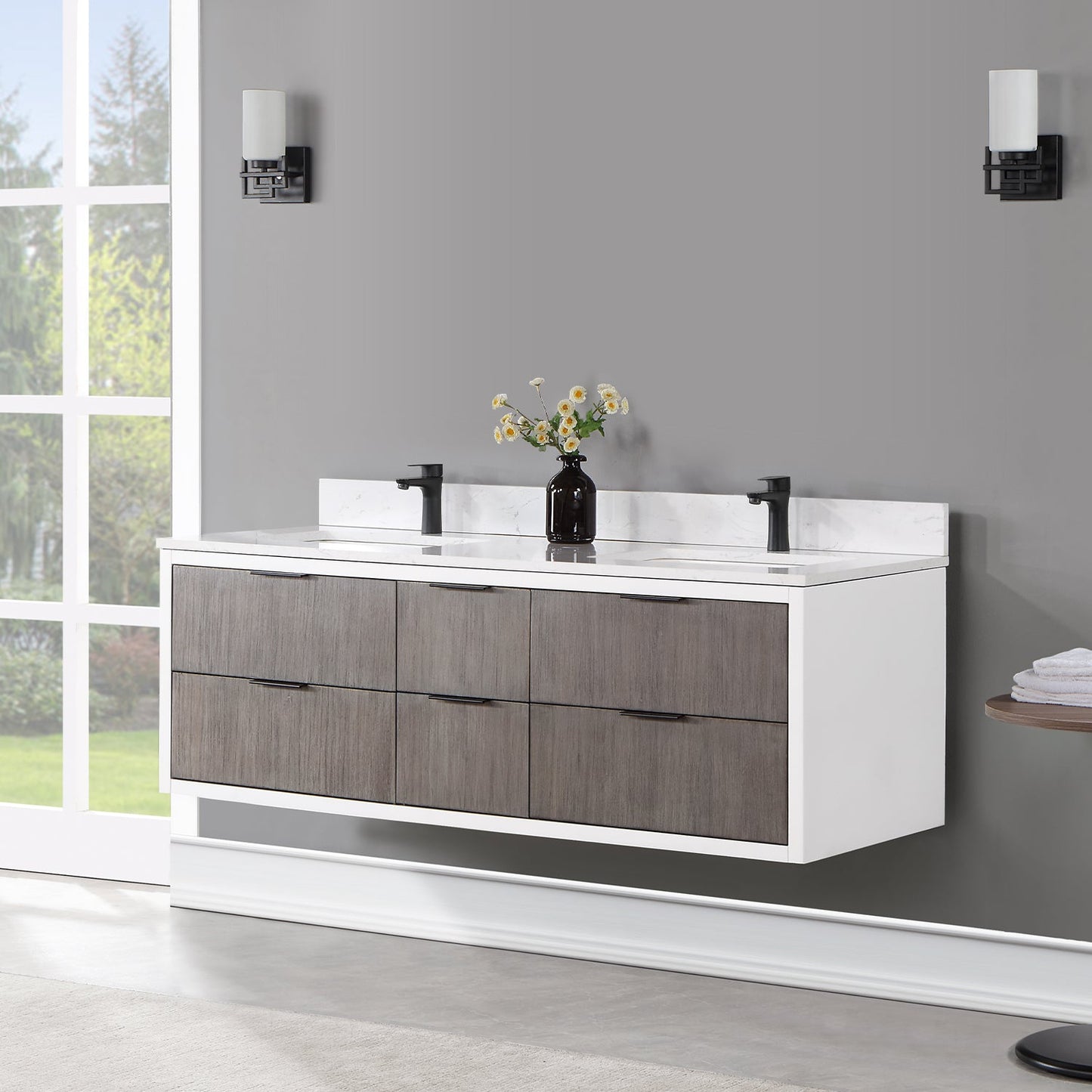 Dione 60" Double Bathroom Vanity in Classical Gray with Aosta White Engineered Stone Countertop without Mirror