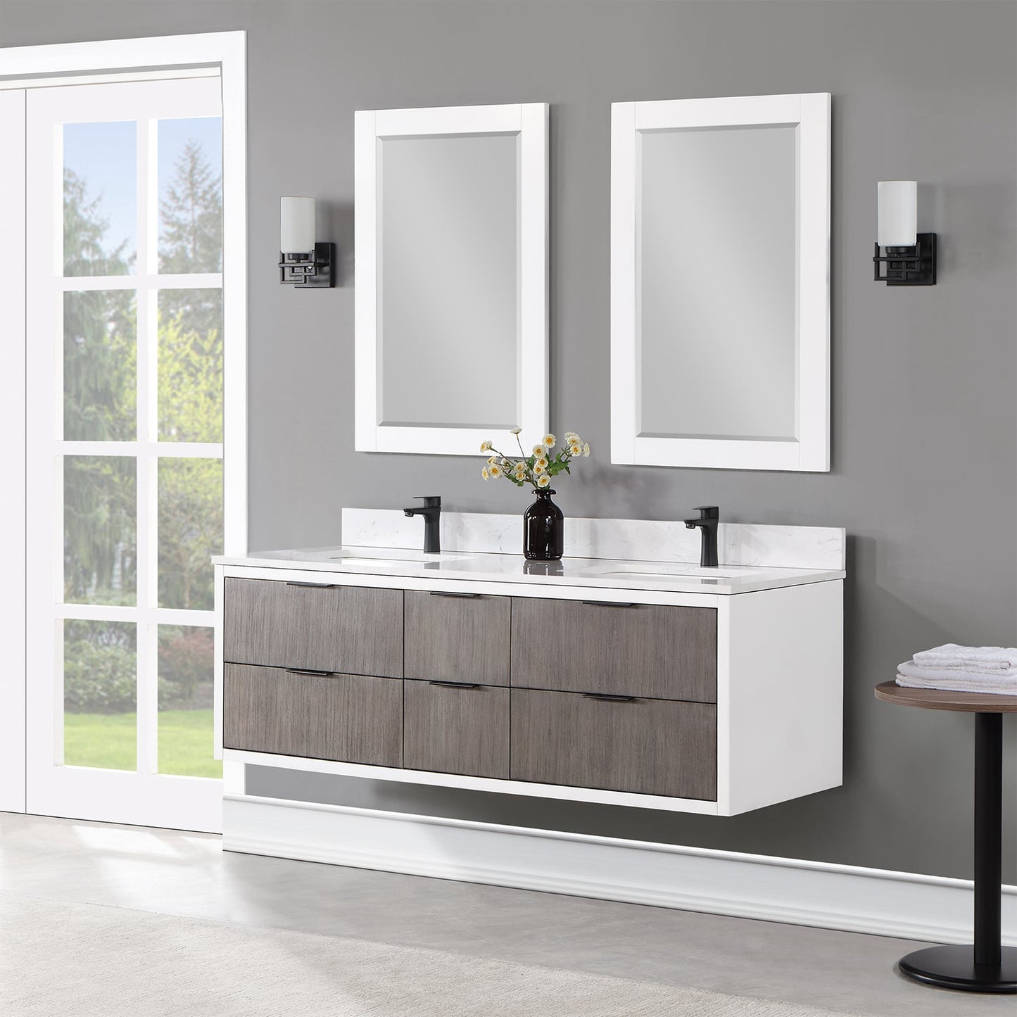 Dione 60" Double Bathroom Vanity in Classical Gray with Aosta White Engineered Stone Countertop with Mirror