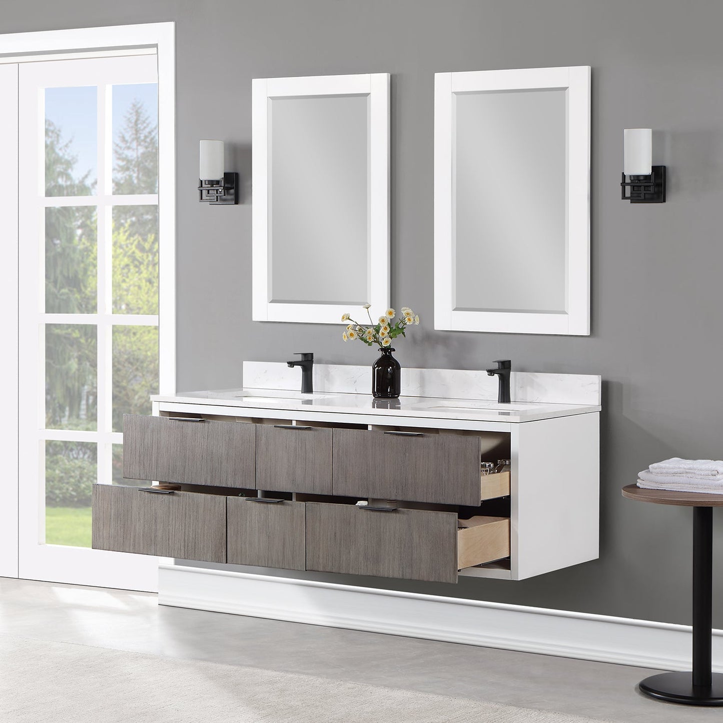 Dione 60" Double Bathroom Vanity in Classical Gray with Aosta White Engineered Stone Countertop with Mirror