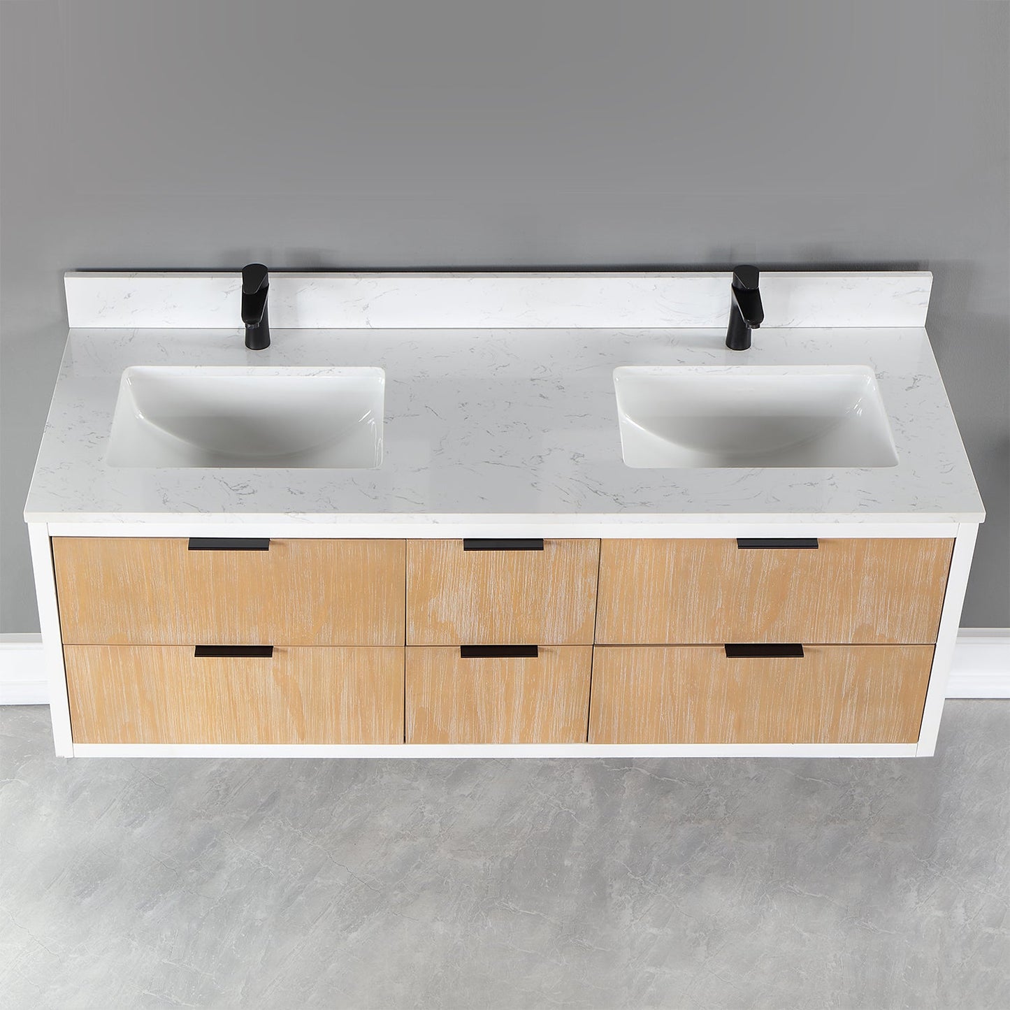 Dione 60" Double Bathroom Vanity in Weathered Pine with Aosta White Engineered Stone Countertop without Mirror