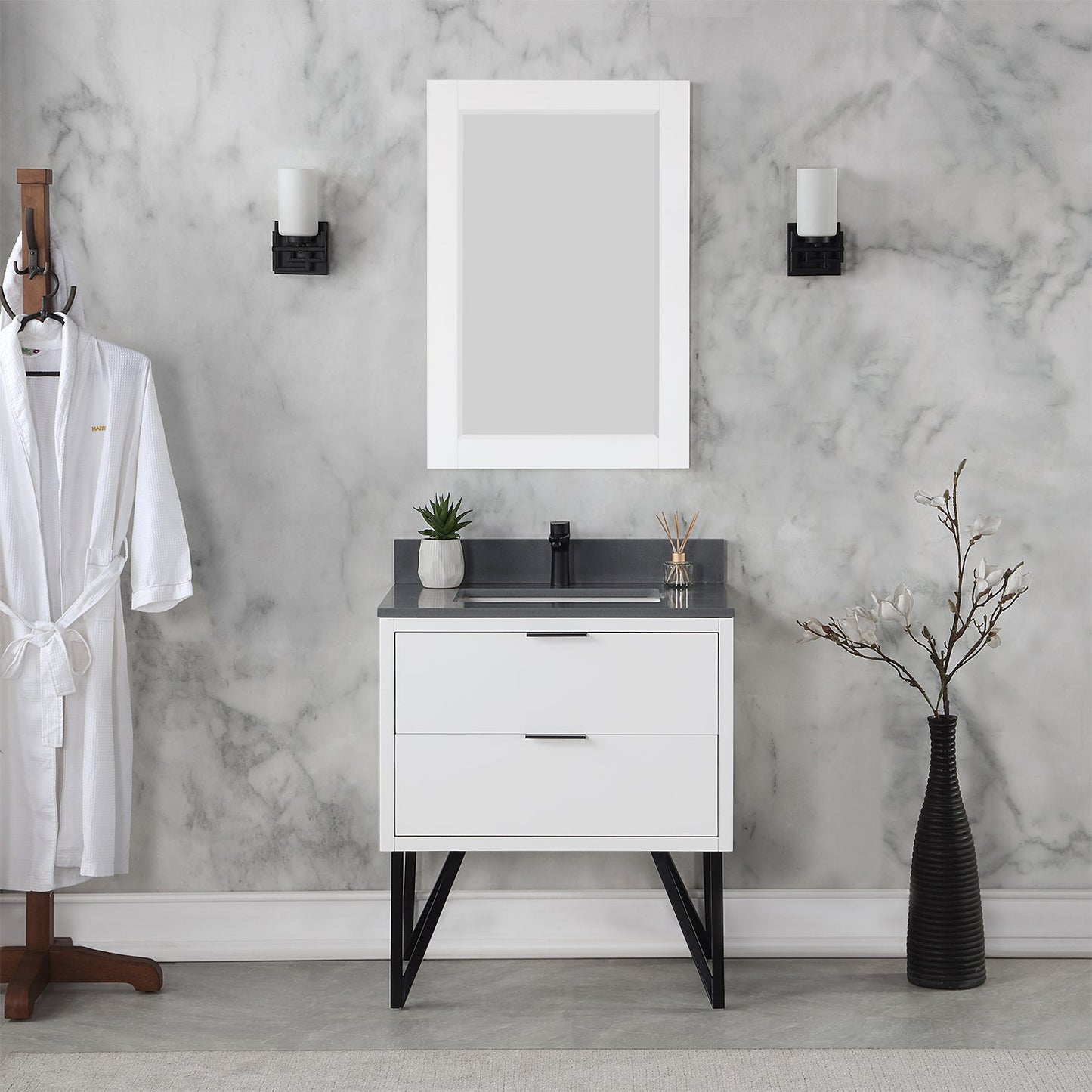 Helios 30" Single Bathroom Vanity in White with Concrete Gray Engineered Stone Countertop with Mirror