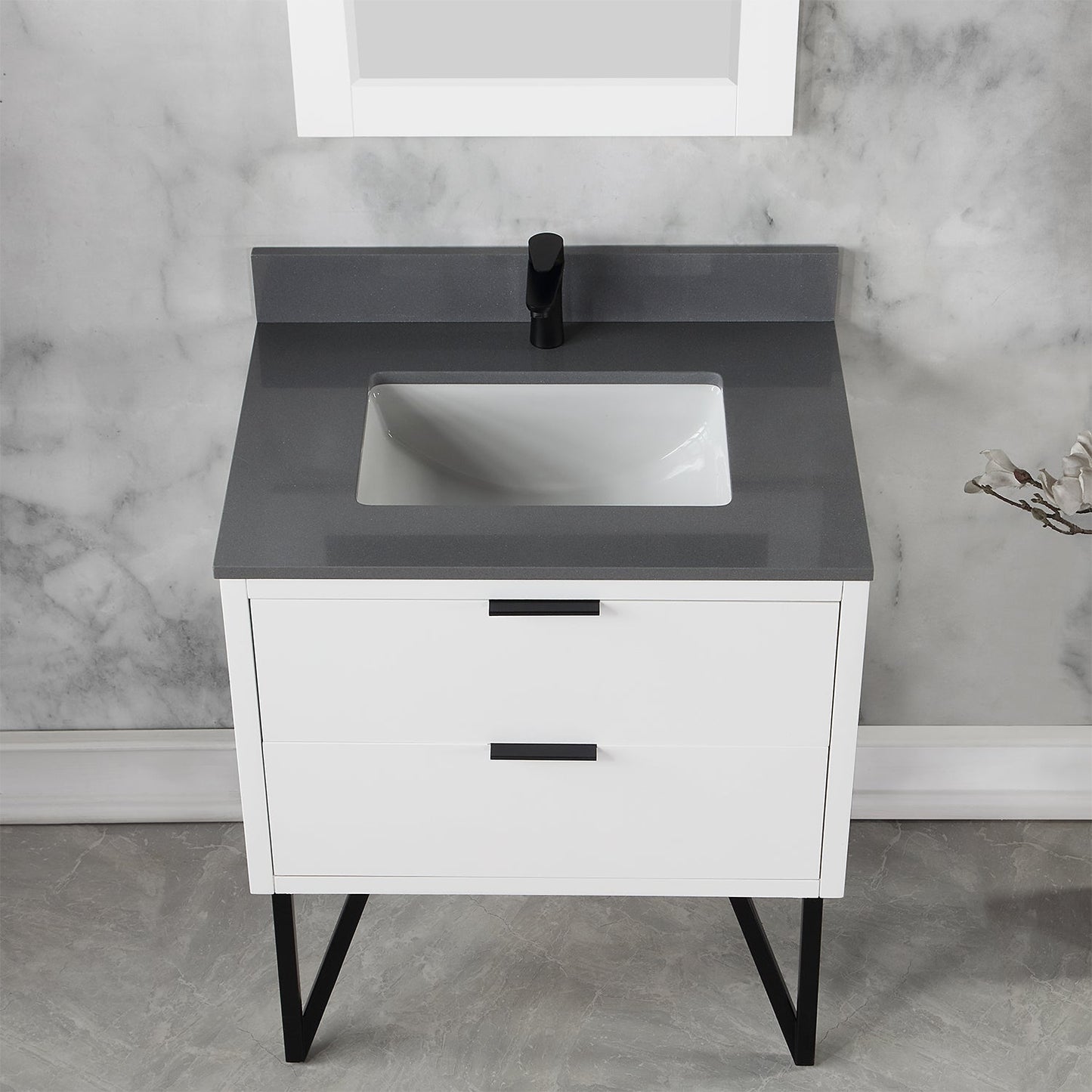 Helios 30" Single Bathroom Vanity in White with Concrete Gray Engineered Stone Countertop with Mirror