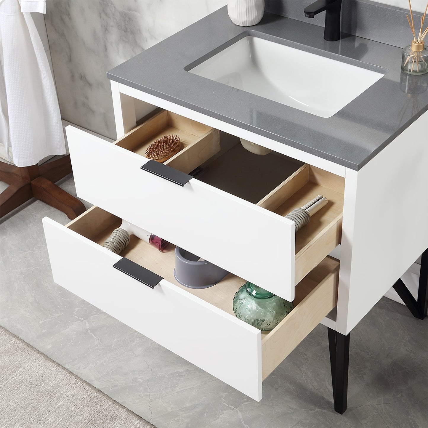 Helios 30" Single Bathroom Vanity in White with Concrete Gray Engineered Stone Countertop with Mirror