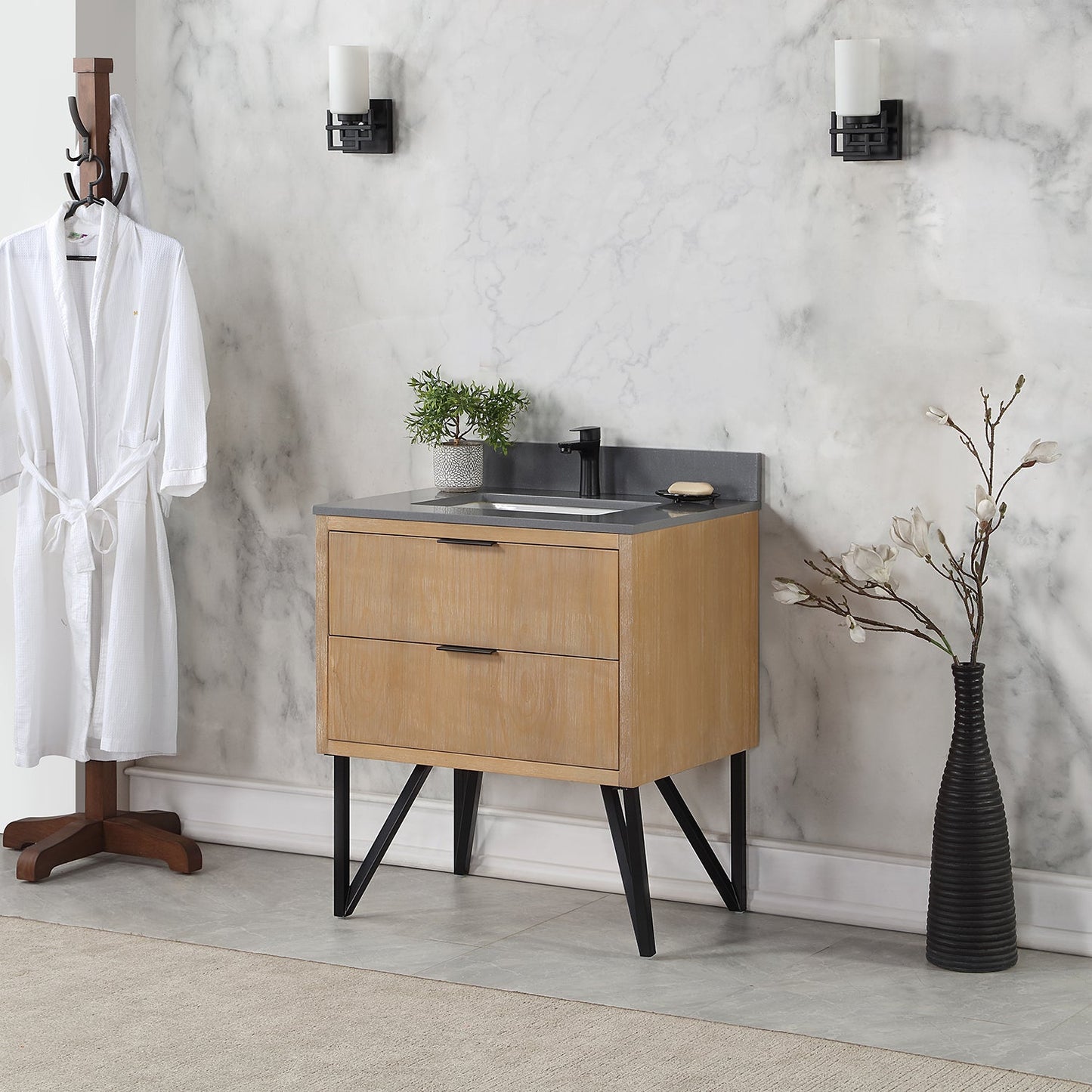 Helios 30" Single Bathroom Vanity in Weathered Pine with Carrara White Engineered Stone Countertop without Mirror