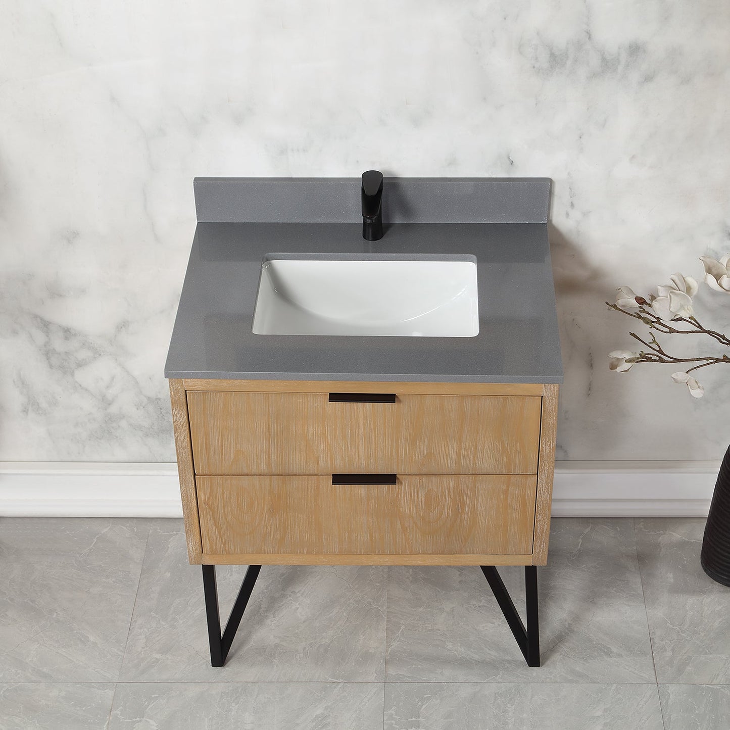 Helios 30" Single Bathroom Vanity in Weathered Pine with Carrara White Engineered Stone Countertop without Mirror