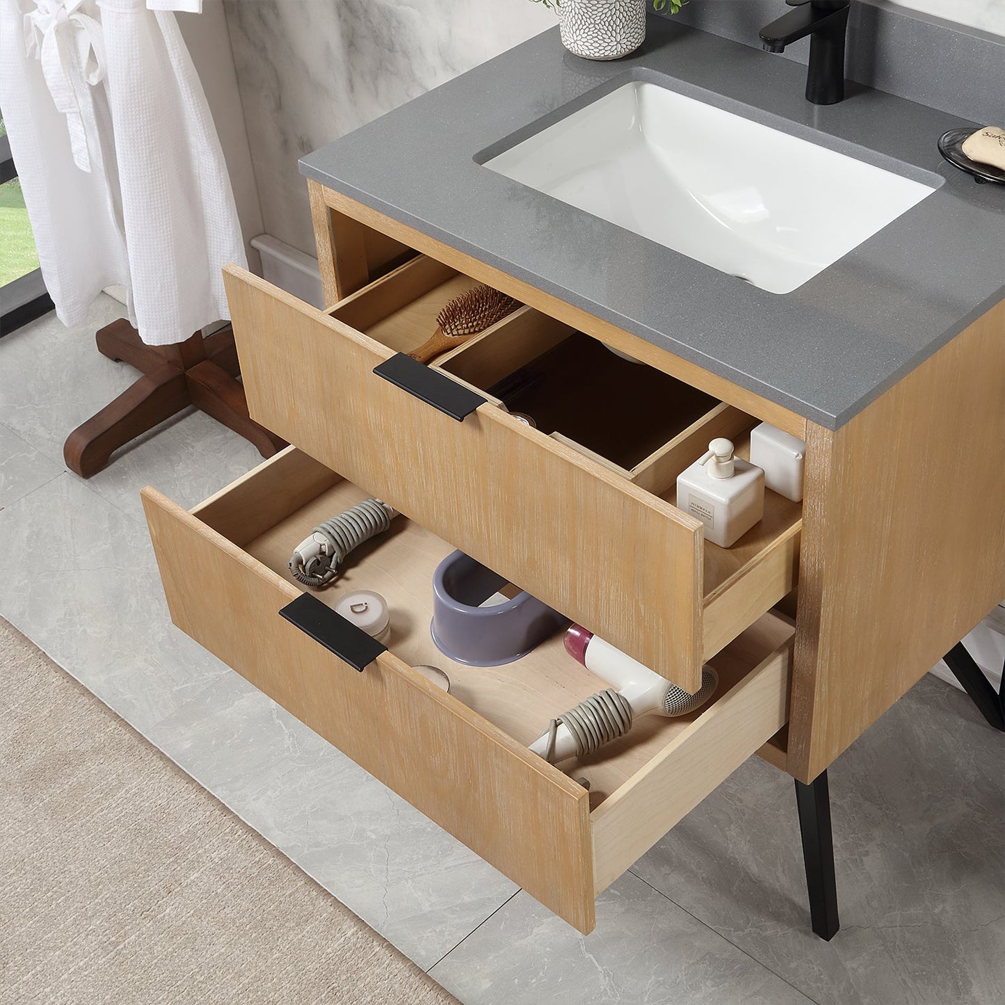 Helios 30" Single Bathroom Vanity in Weathered Pine with Carrara White Engineered Stone Countertop without Mirror