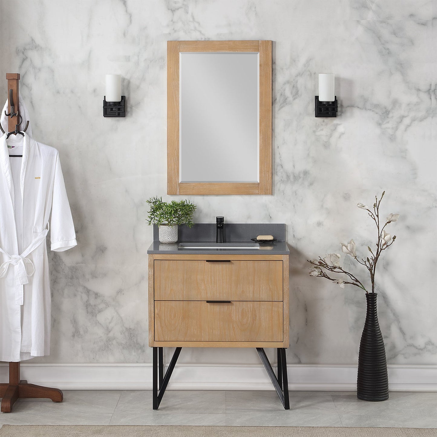 Helios 30" Single Bathroom Vanity in Weathered Pine with Carrara White Engineered Stone Countertop with Mirror