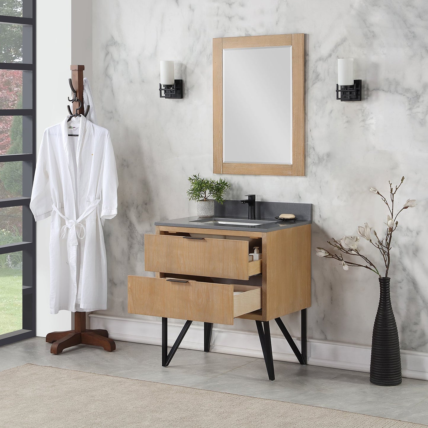 Helios 30" Single Bathroom Vanity in Weathered Pine with Carrara White Engineered Stone Countertop with Mirror