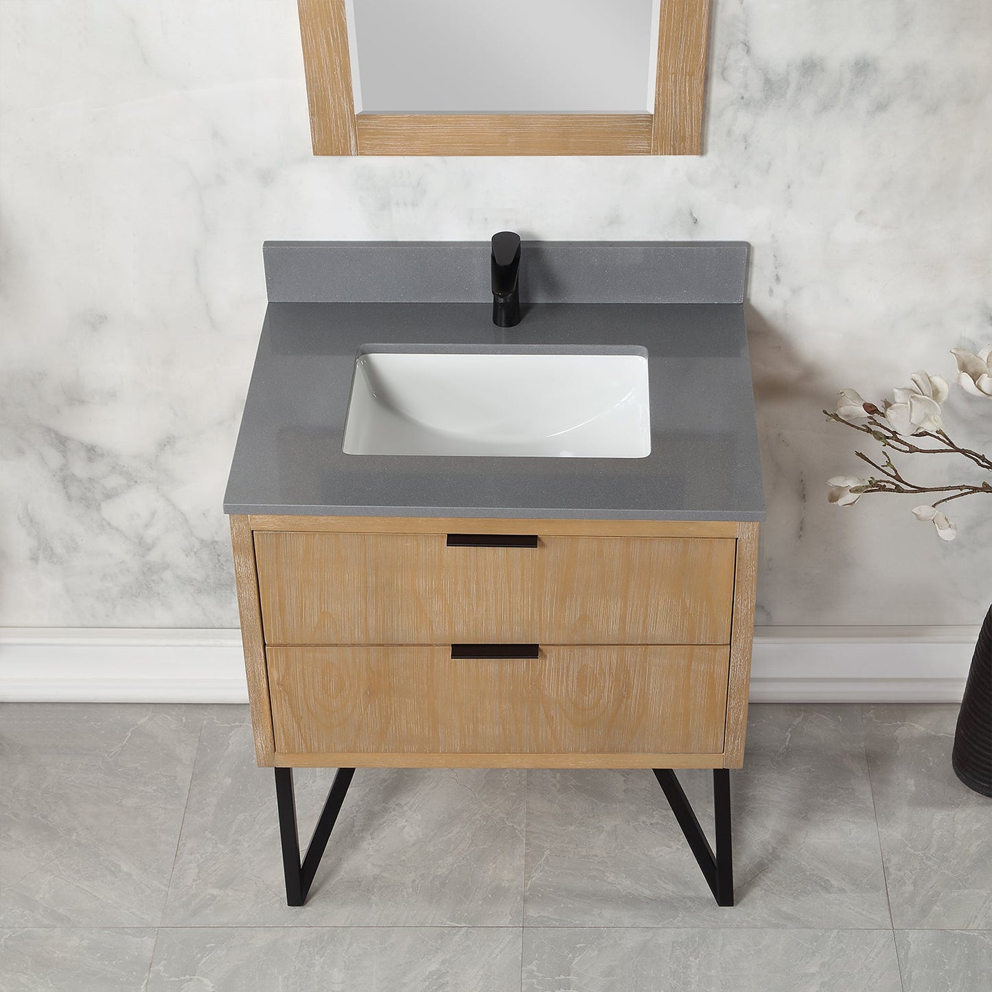 Helios 30" Single Bathroom Vanity in Weathered Pine with Carrara White Engineered Stone Countertop with Mirror