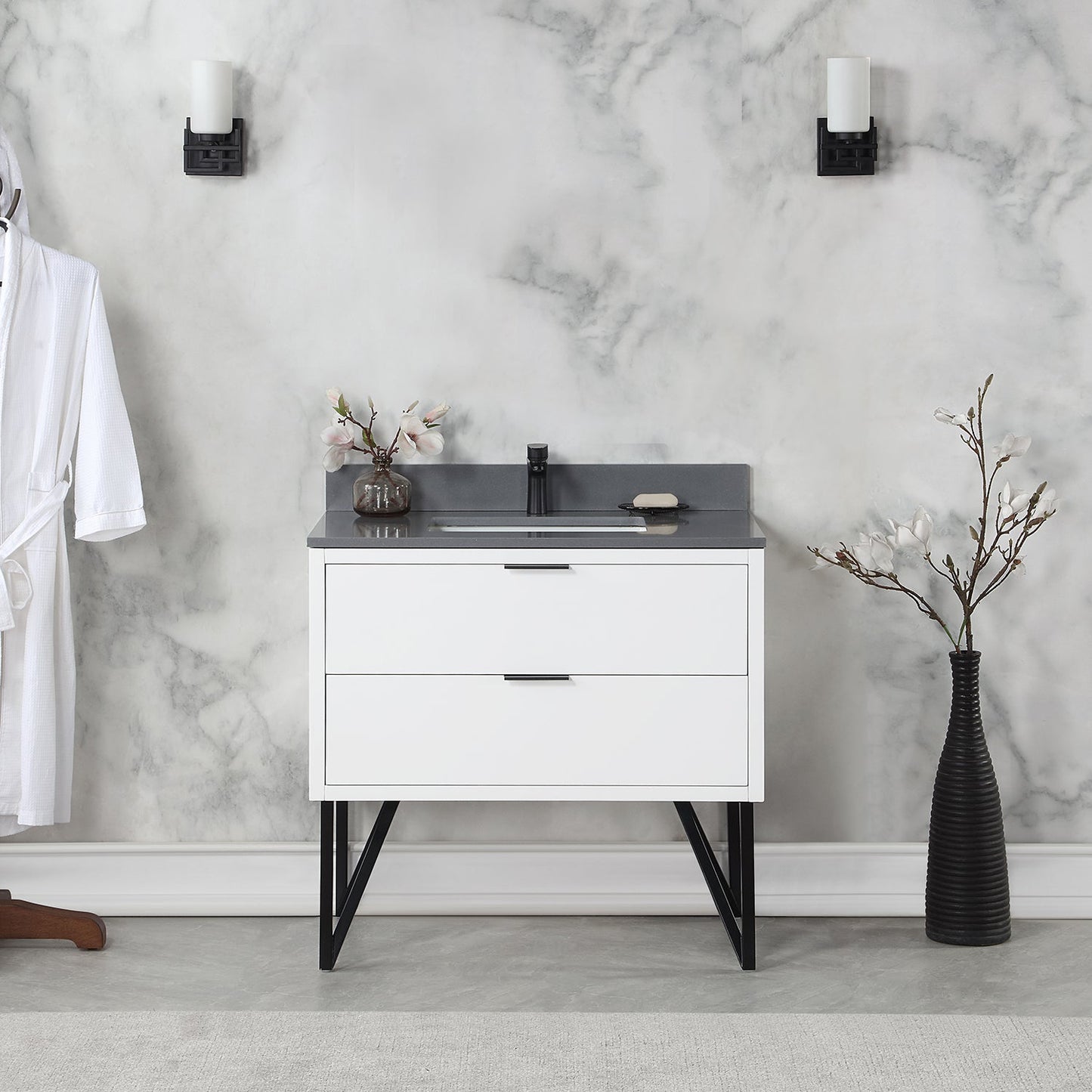 Helios 36" Single Bathroom Vanity in White with Concrete Gray Engineered Stone Countertop without Mirror