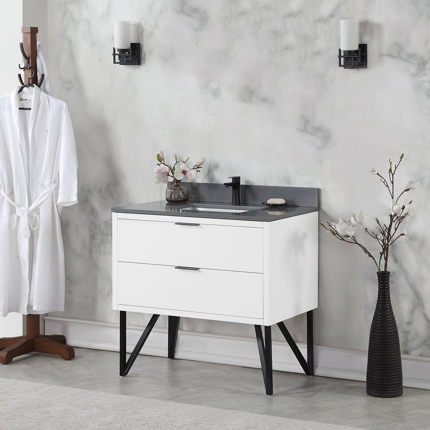Helios 36" Single Bathroom Vanity in White with Concrete Gray Engineered Stone Countertop without Mirror