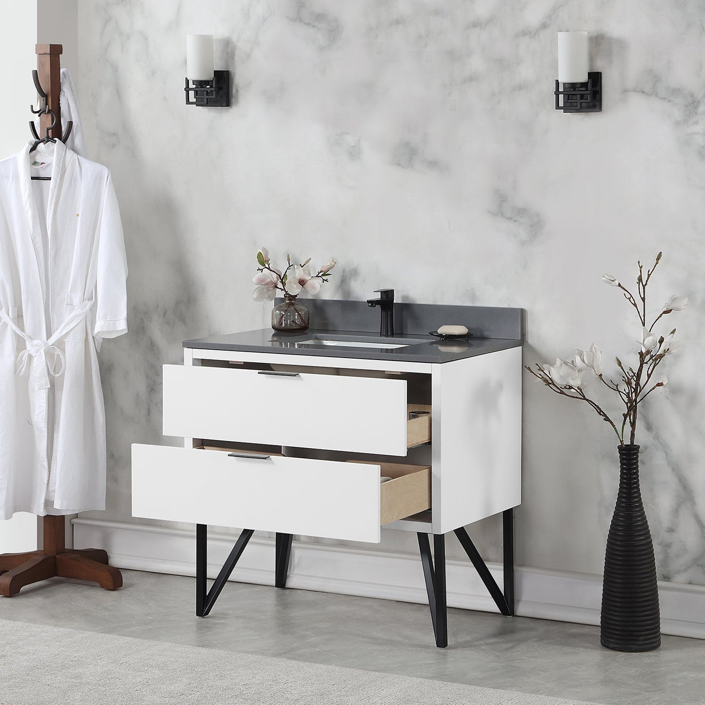 Helios 36" Single Bathroom Vanity in White with Concrete Gray Engineered Stone Countertop without Mirror