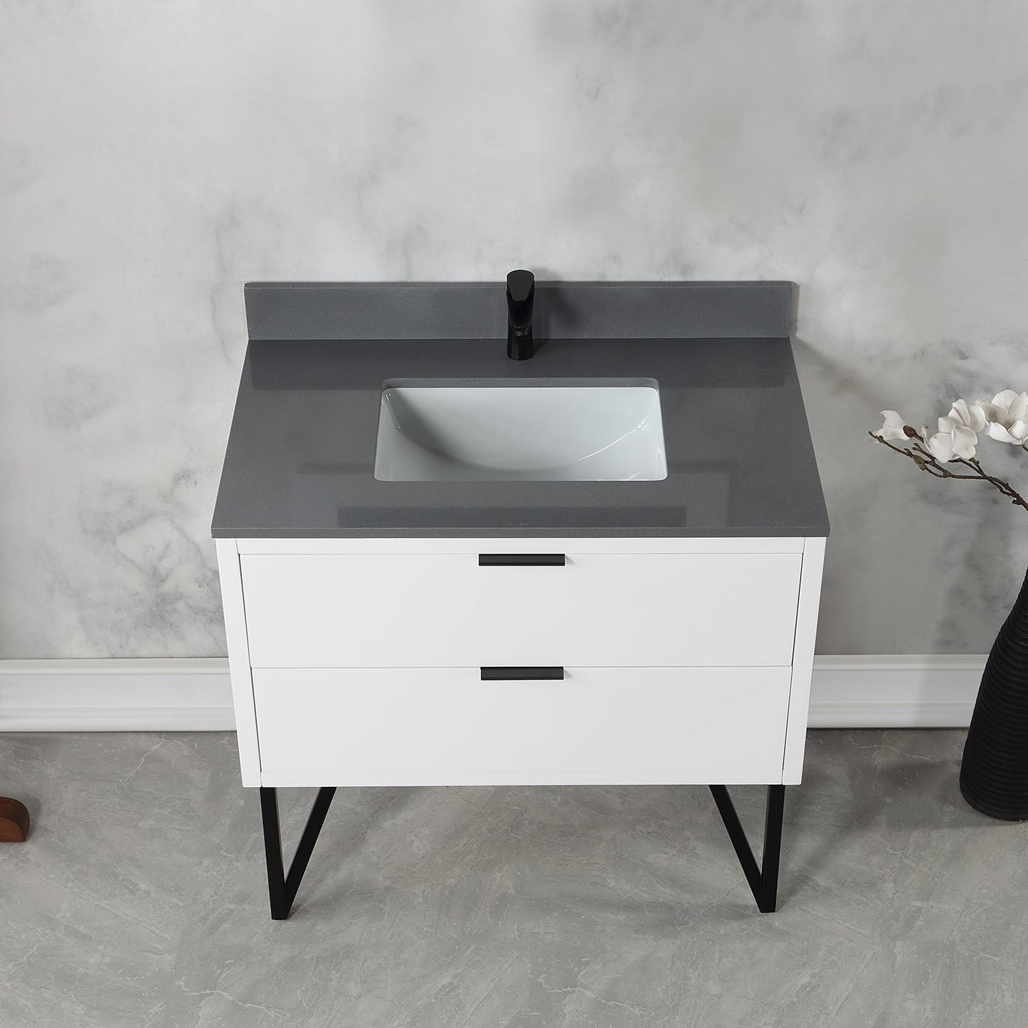 Helios 36" Single Bathroom Vanity in White with Concrete Gray Engineered Stone Countertop without Mirror