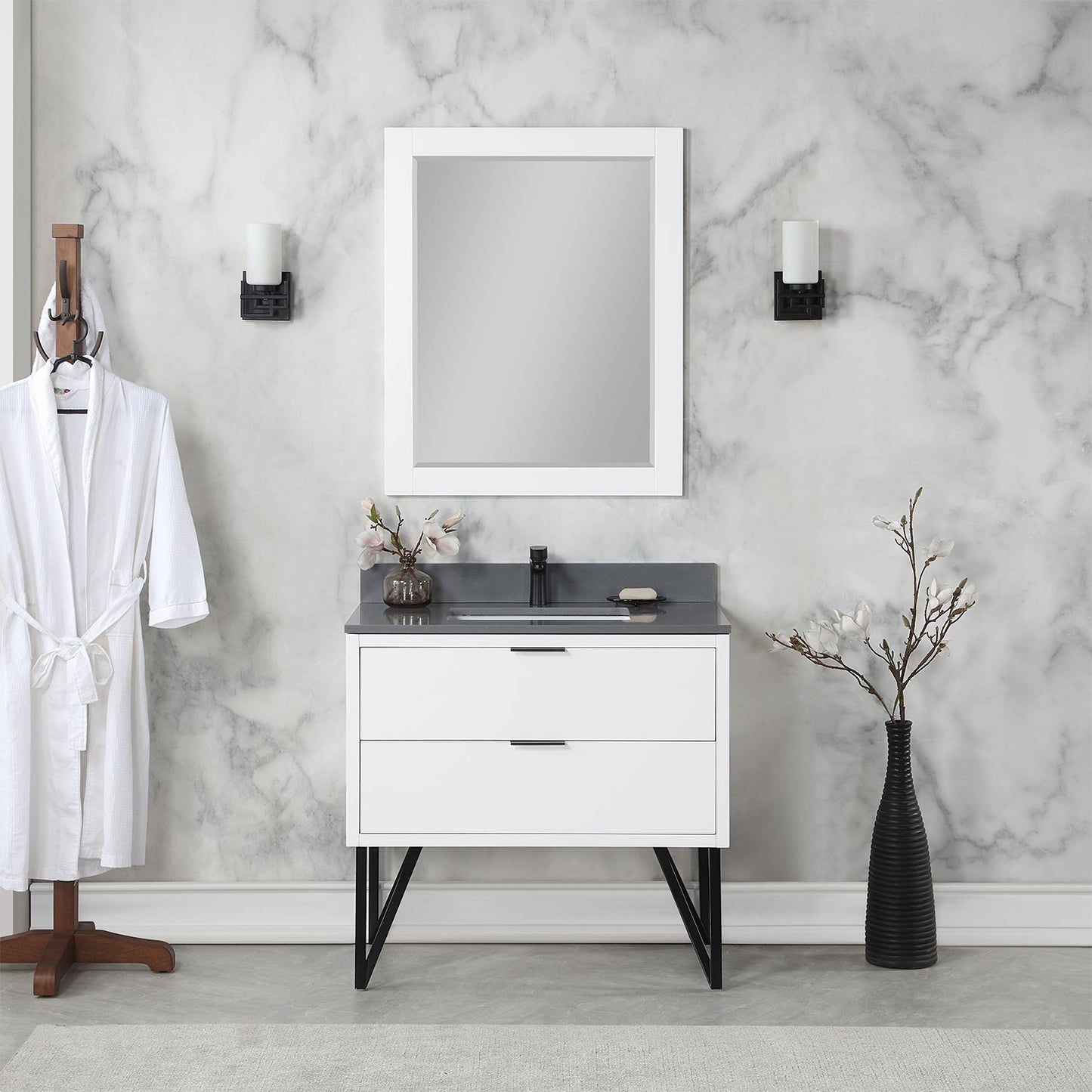 Helios 36" Single Bathroom Vanity in White with Concrete Gray Engineered Stone Countertop with Mirror
