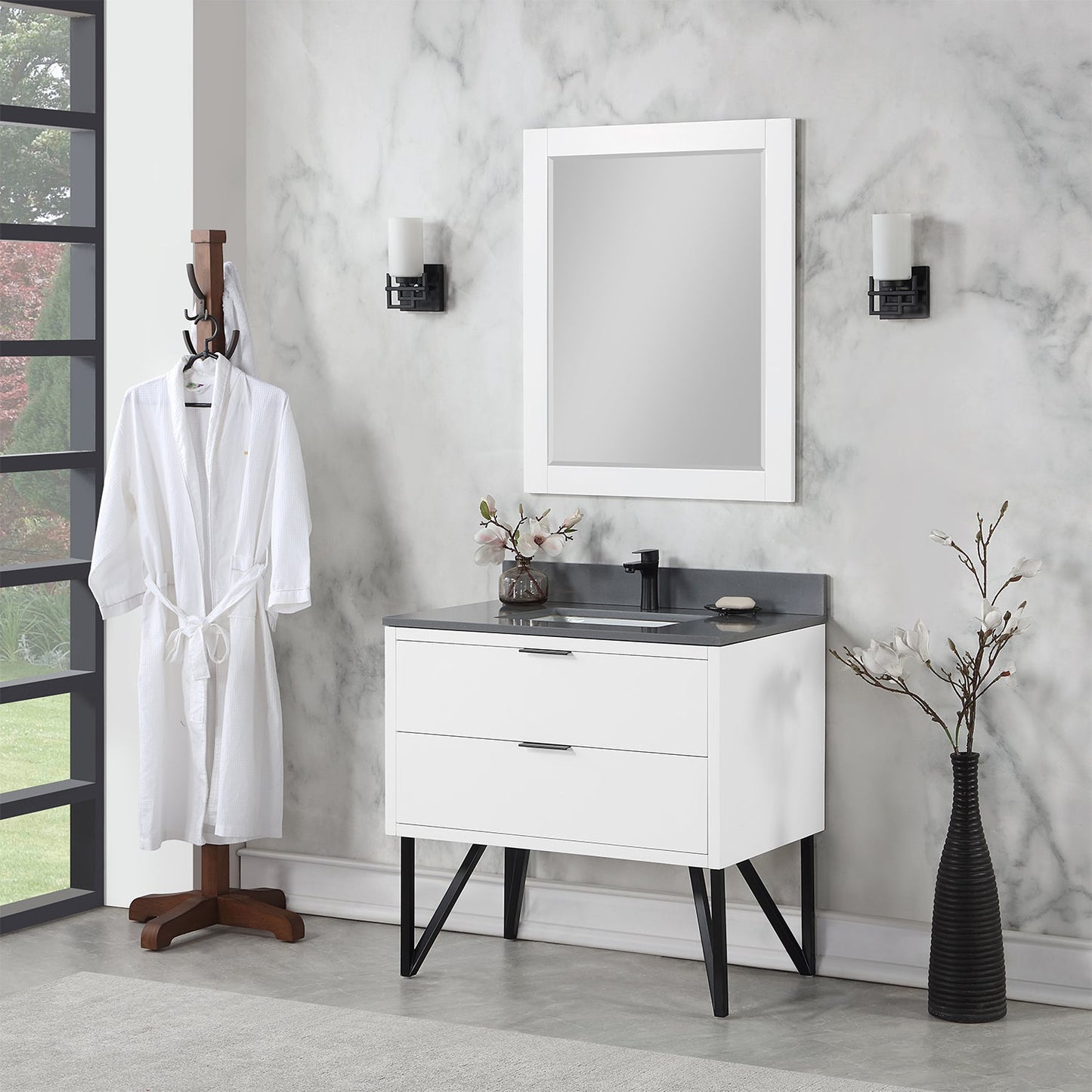 Helios 36" Single Bathroom Vanity in White with Concrete Gray Engineered Stone Countertop with Mirror