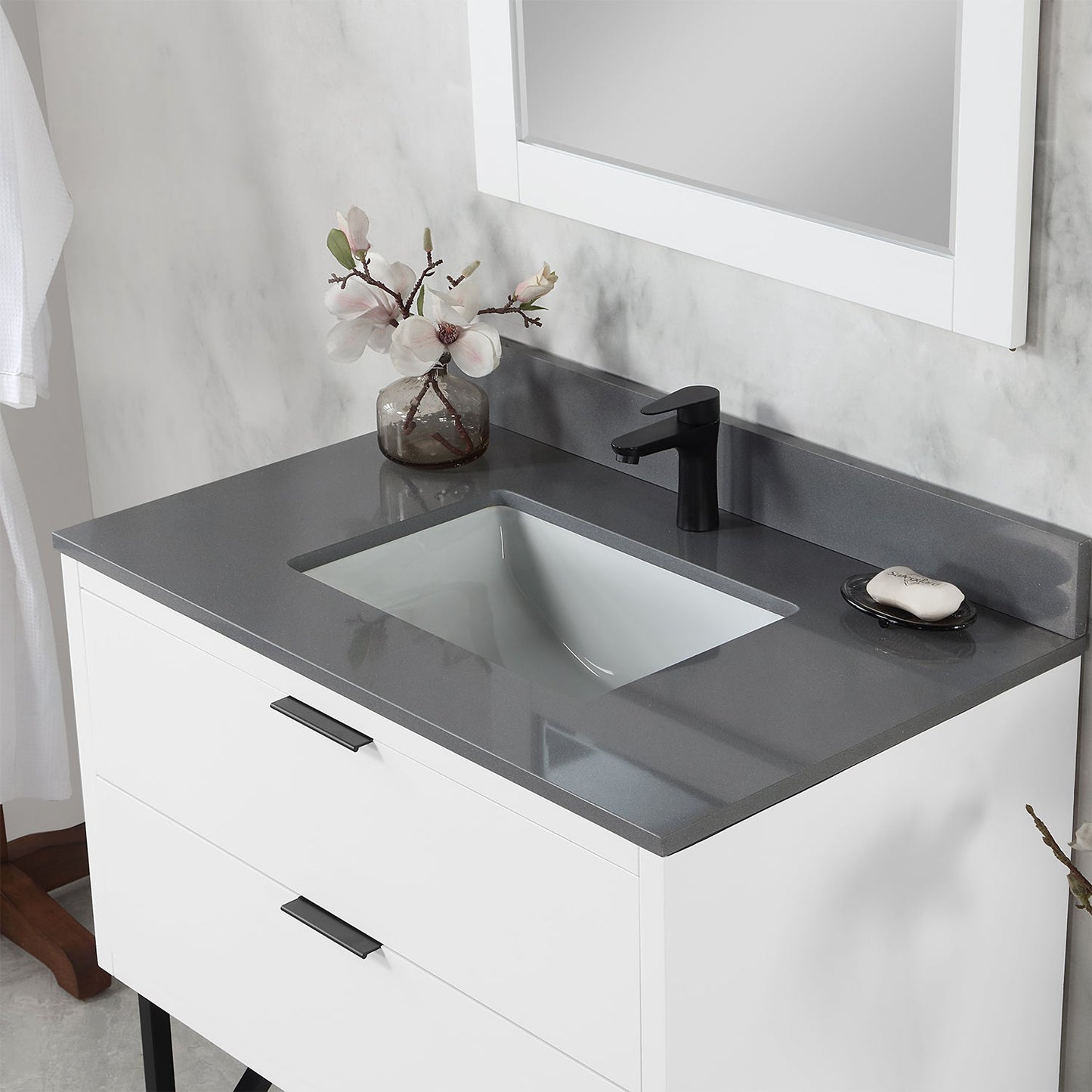 Helios 36" Single Bathroom Vanity in White with Concrete Gray Engineered Stone Countertop with Mirror