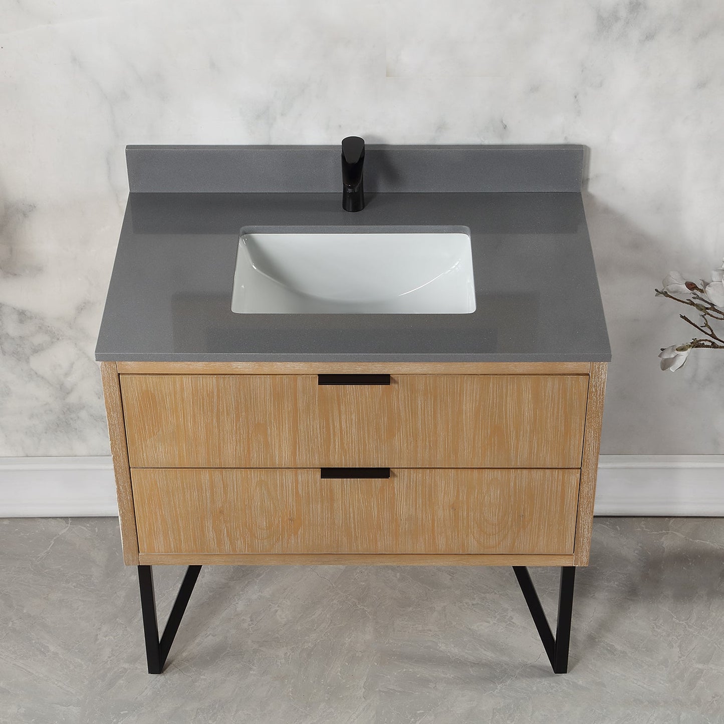 Helios 36" Single Bathroom Vanity in Weathered Pine with Carrara White Engineered Stone Countertop without Mirror