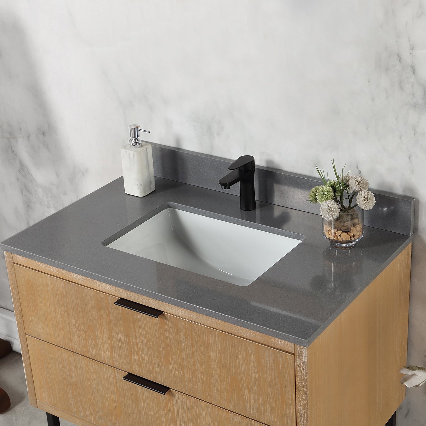 Helios 36" Single Bathroom Vanity in Weathered Pine with Carrara White Engineered Stone Countertop without Mirror