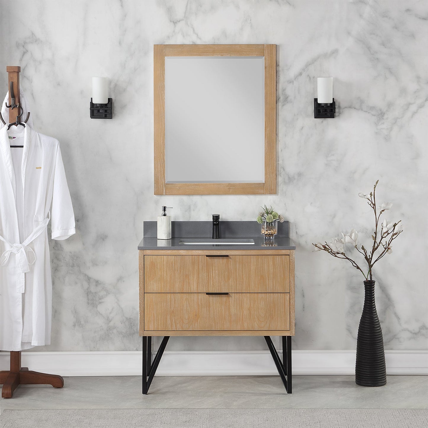 Helios 36" Single Bathroom Vanity in Weathered Pine with Carrara White Engineered Stone Countertop with Mirror