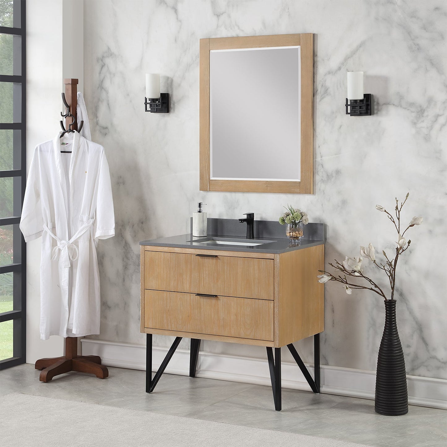 Helios 36" Single Bathroom Vanity in Weathered Pine with Carrara White Engineered Stone Countertop with Mirror