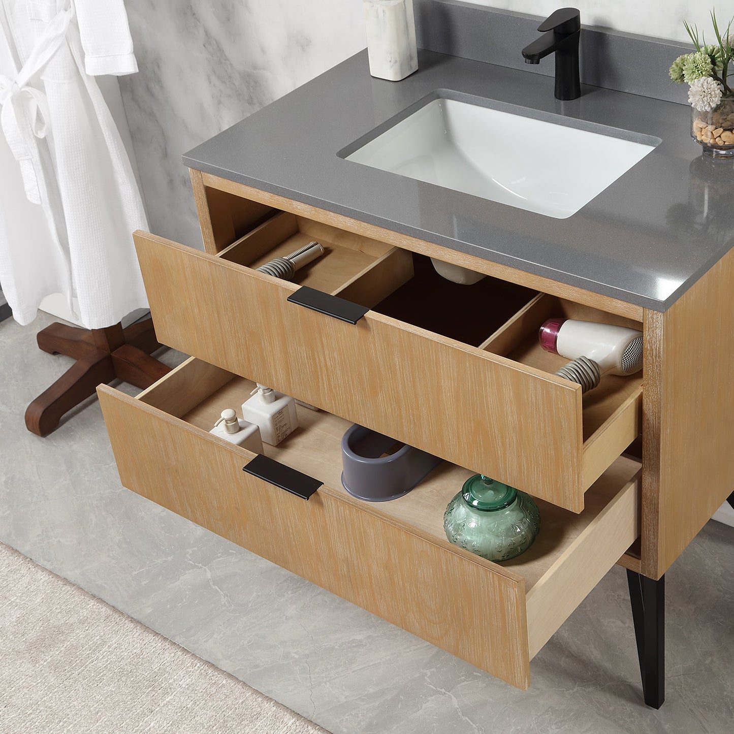 Helios 36" Single Bathroom Vanity in Weathered Pine with Carrara White Engineered Stone Countertop with Mirror