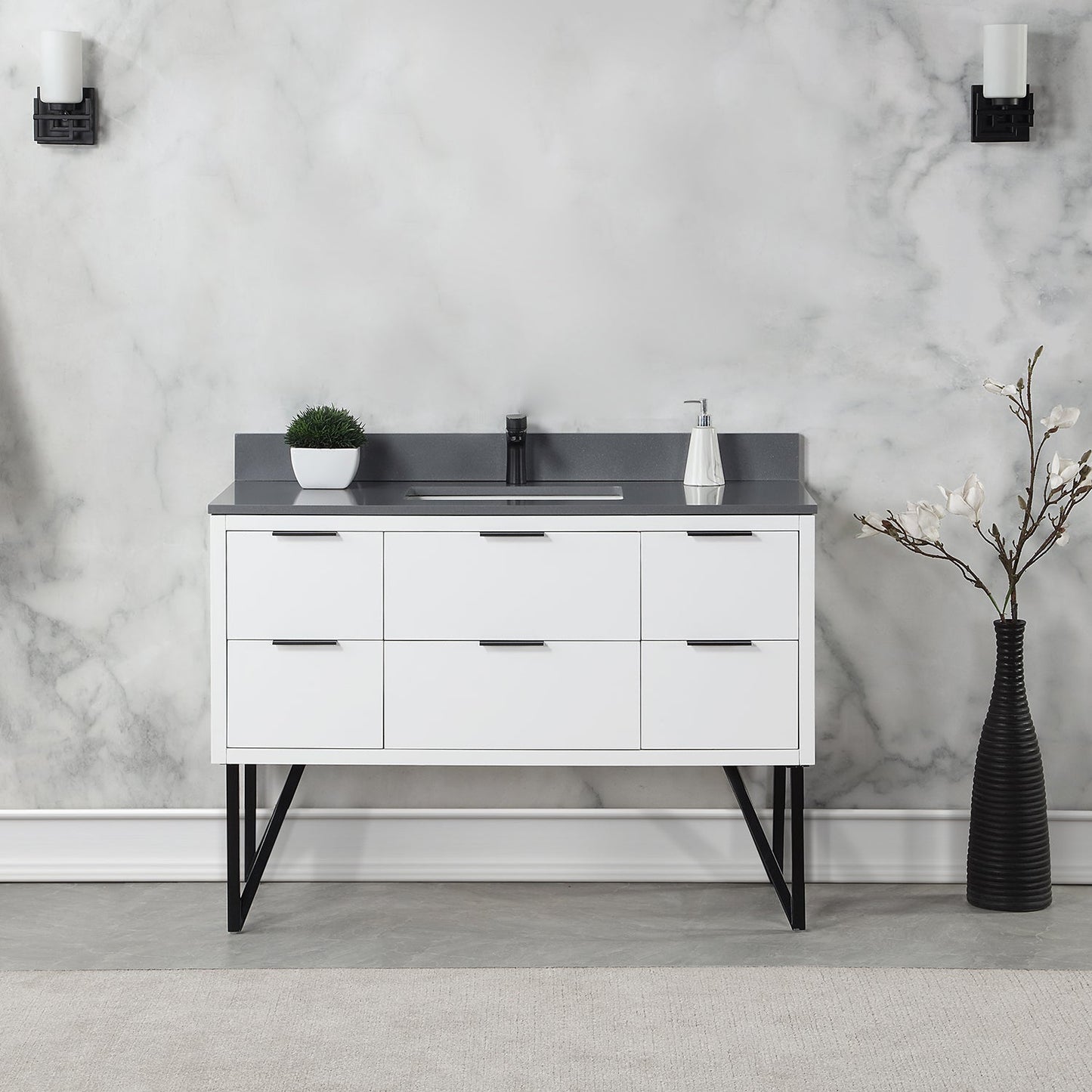 Helios 48" Single Bathroom Vanity in White with Concrete Gray Engineered Stone Countertop without Mirror