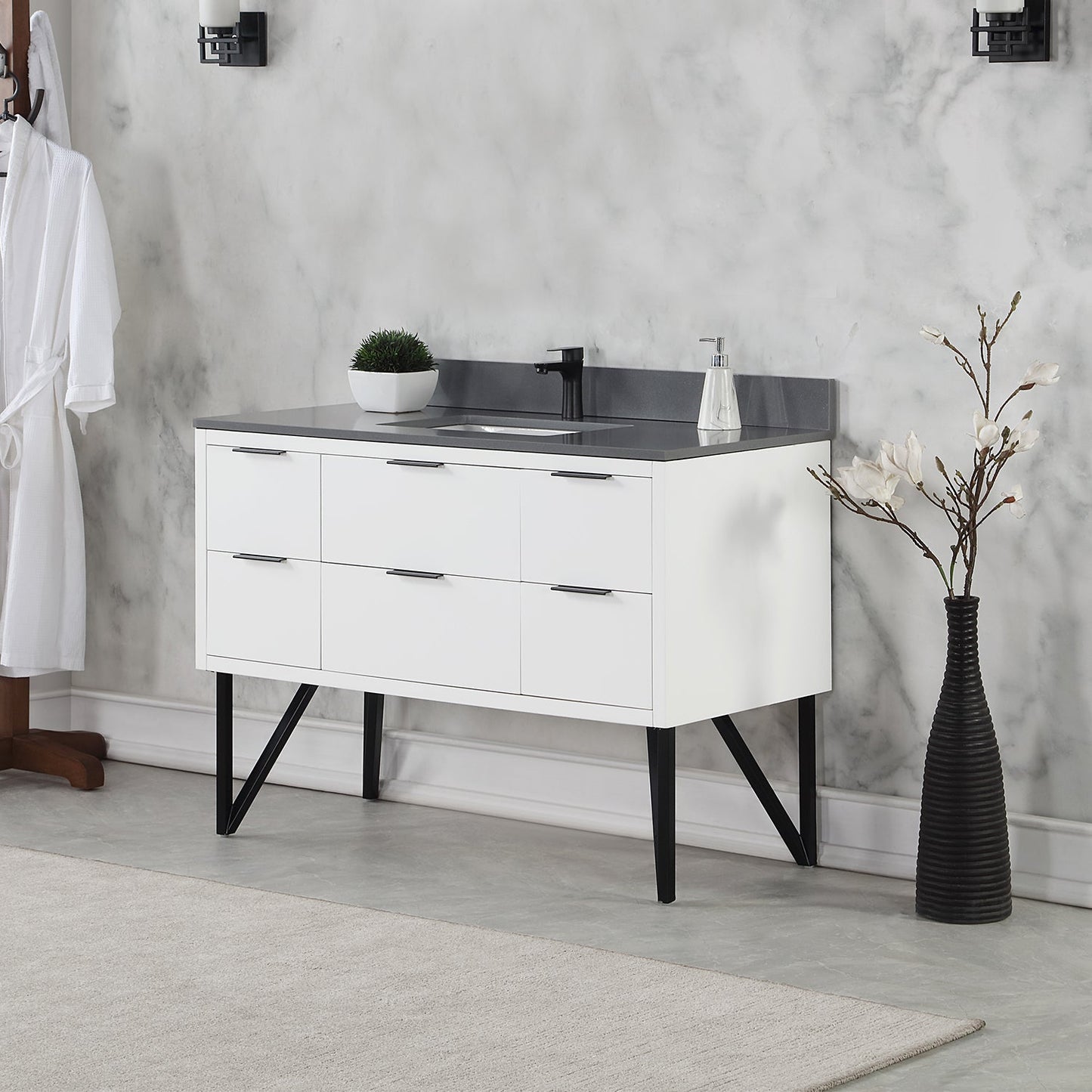 Helios 48" Single Bathroom Vanity in White with Concrete Gray Engineered Stone Countertop without Mirror