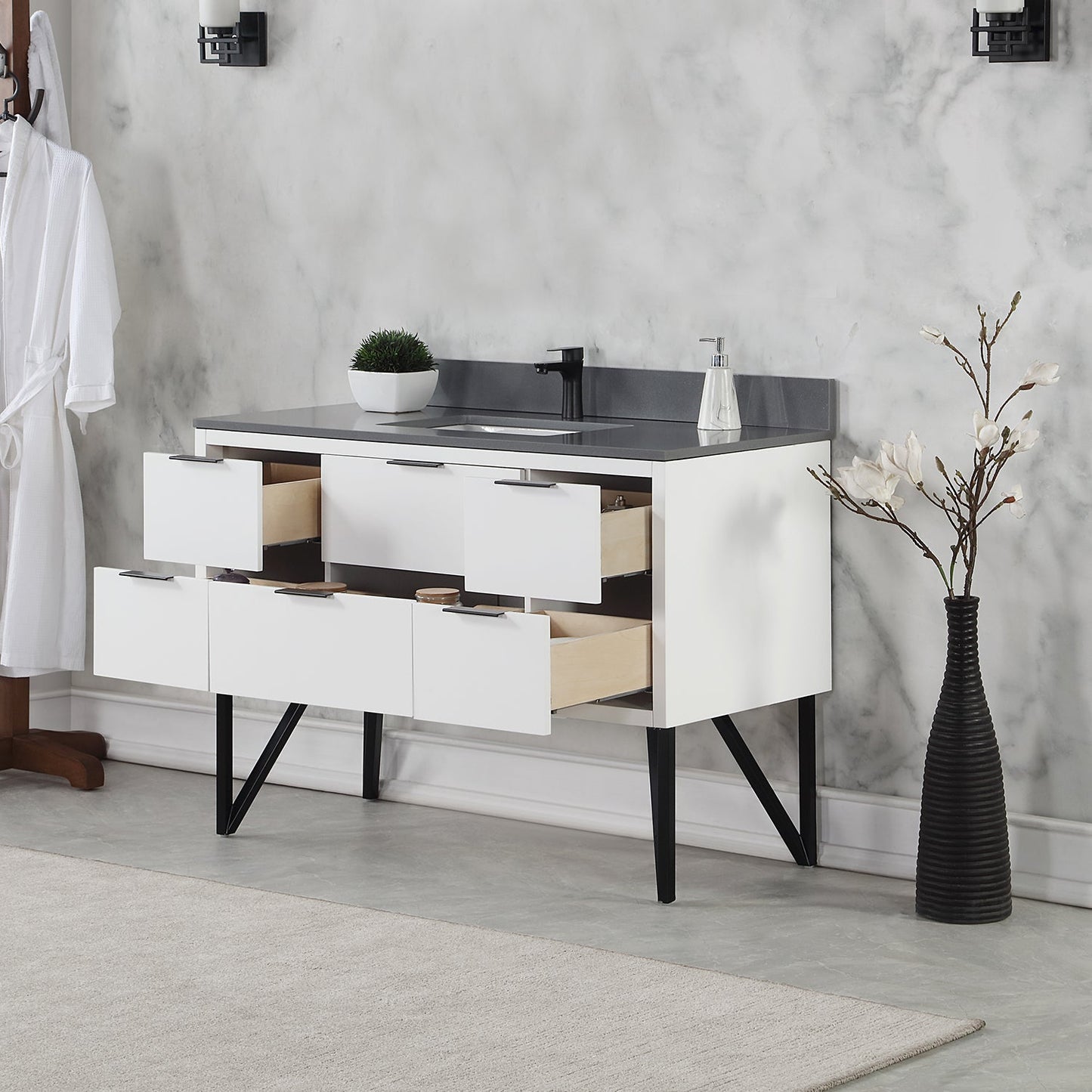 Helios 48" Single Bathroom Vanity in White with Concrete Gray Engineered Stone Countertop without Mirror