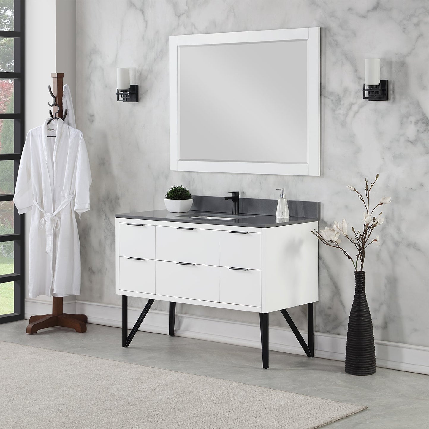 Helios 48" Single Bathroom Vanity in White with Concrete Gray Engineered Stone Countertop with Mirror