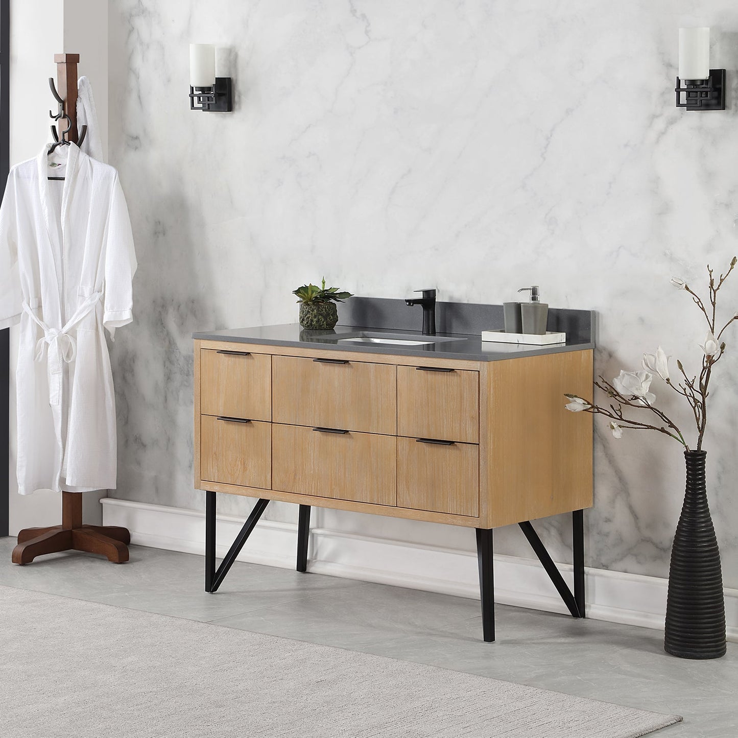 Helios 48" Single Bathroom Vanity in Weathered Pine with Carrara White Engineered Stone Countertop without Mirror