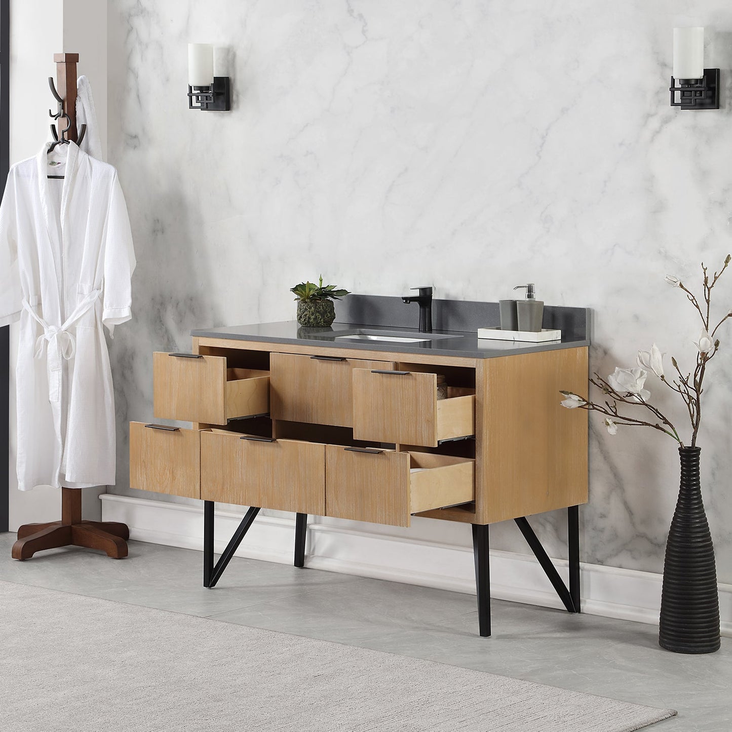 Helios 48" Single Bathroom Vanity in Weathered Pine with Carrara White Engineered Stone Countertop without Mirror
