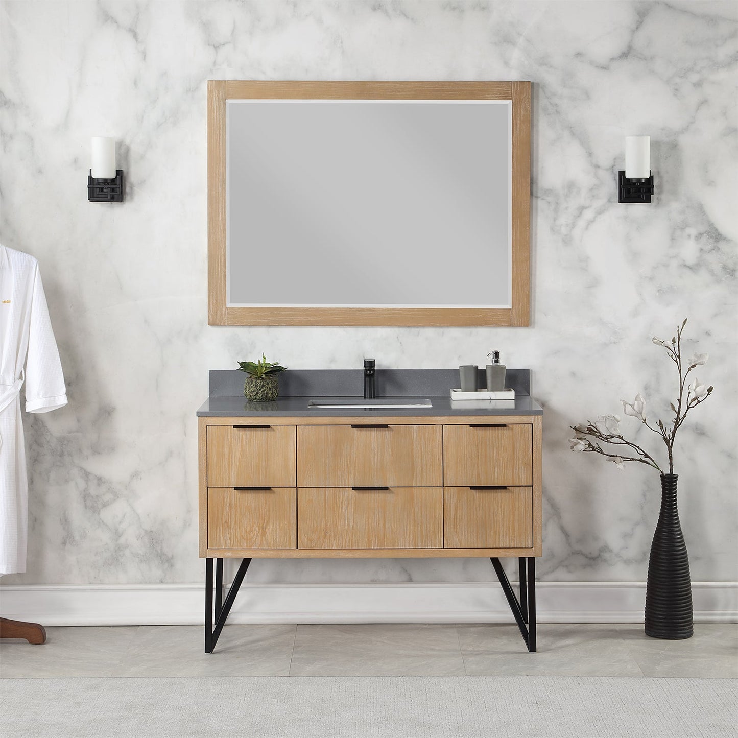 Helios 48" Single Bathroom Vanity in Weathered Pine with Carrara White Engineered Stone Countertop with Mirror