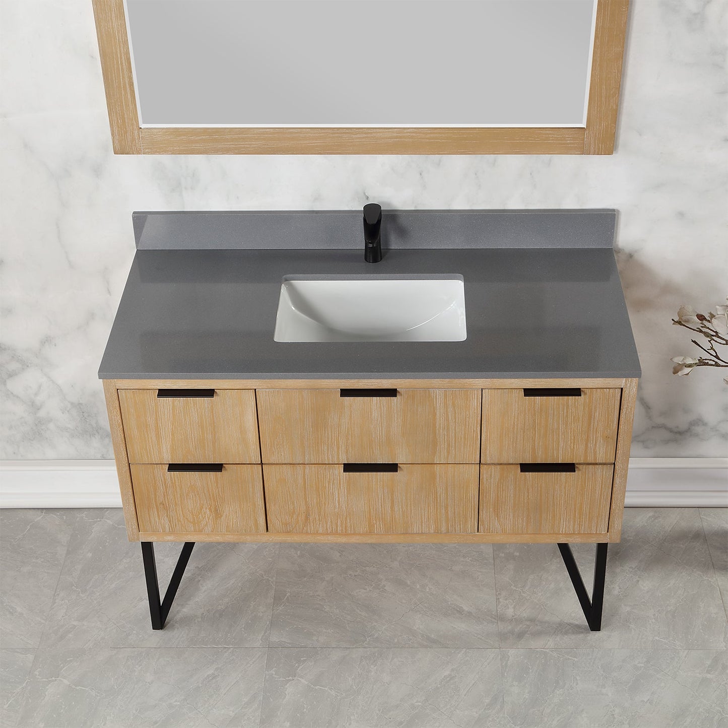 Helios 48" Single Bathroom Vanity in Weathered Pine with Carrara White Engineered Stone Countertop with Mirror