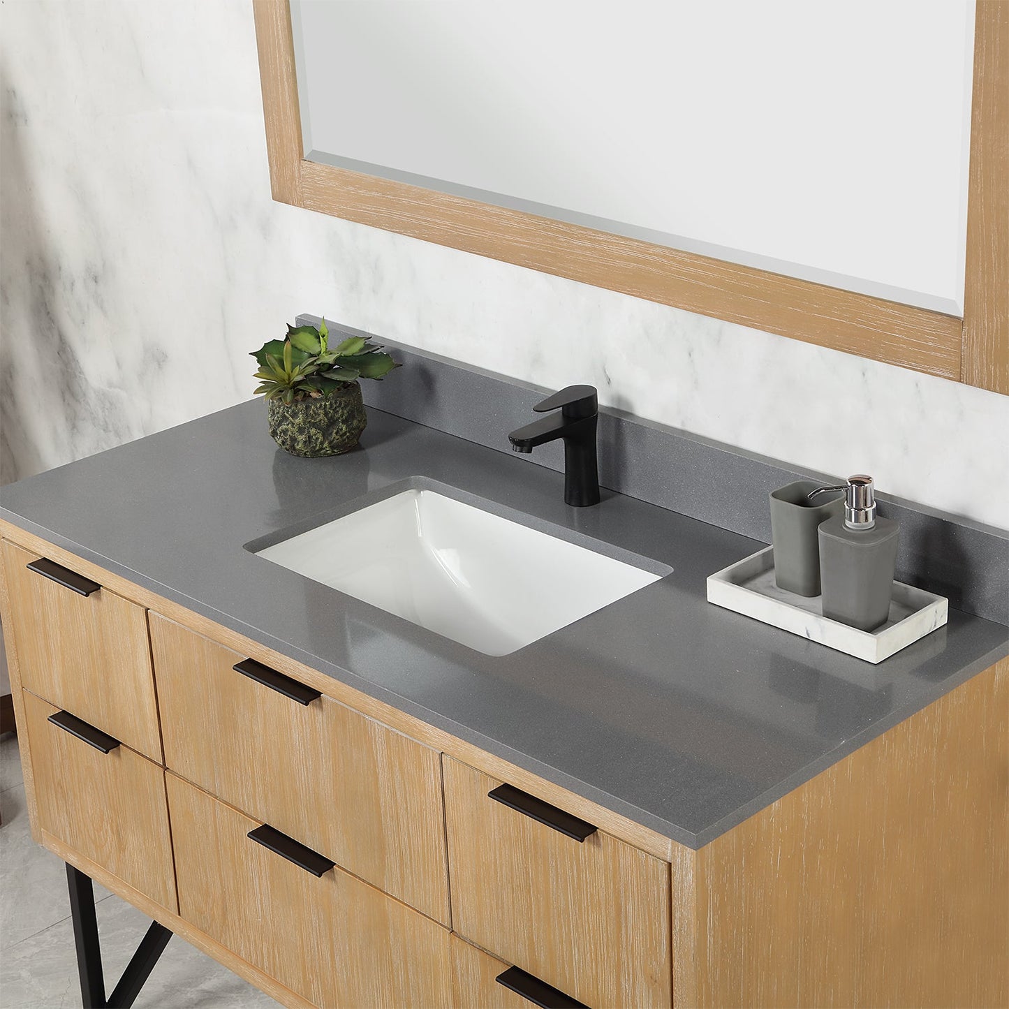 Helios 48" Single Bathroom Vanity in Weathered Pine with Carrara White Engineered Stone Countertop with Mirror