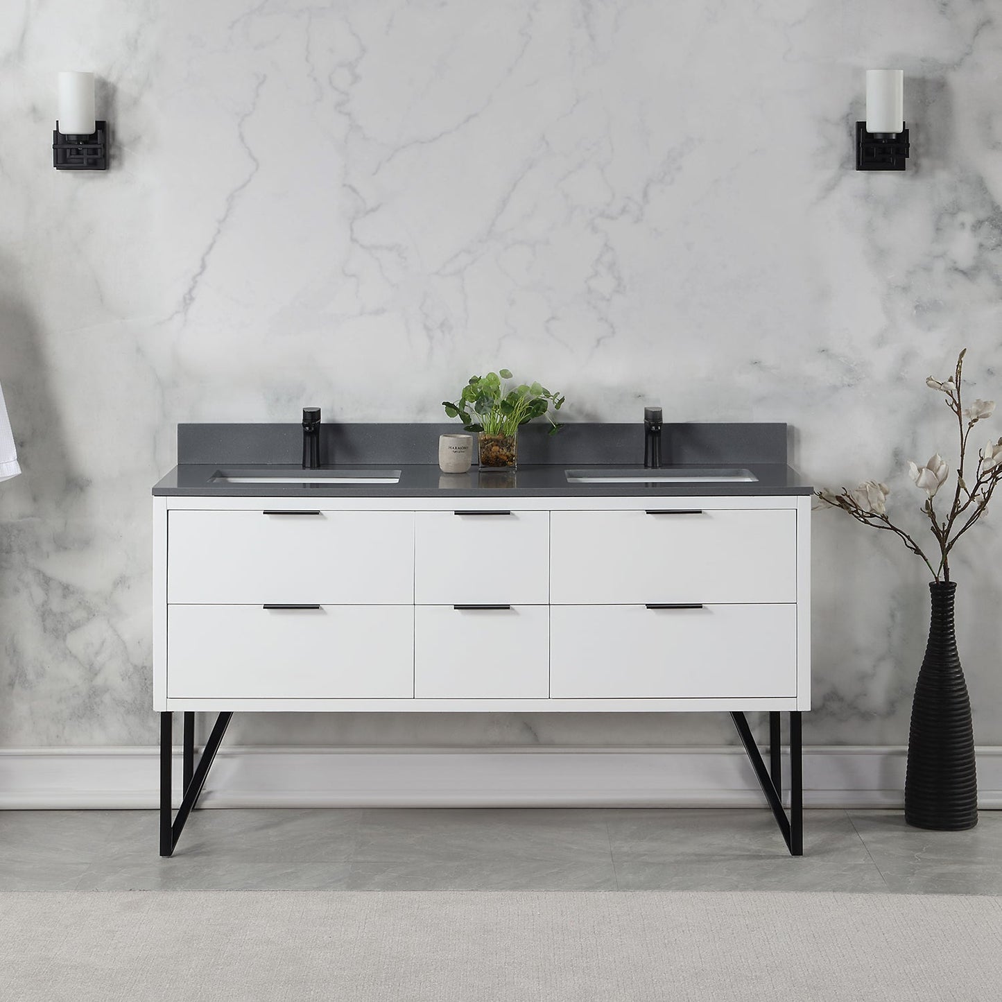Helios 60" Double Bathroom Vanity in White with Concrete Gray Engineered Stone Countertop without Mirror