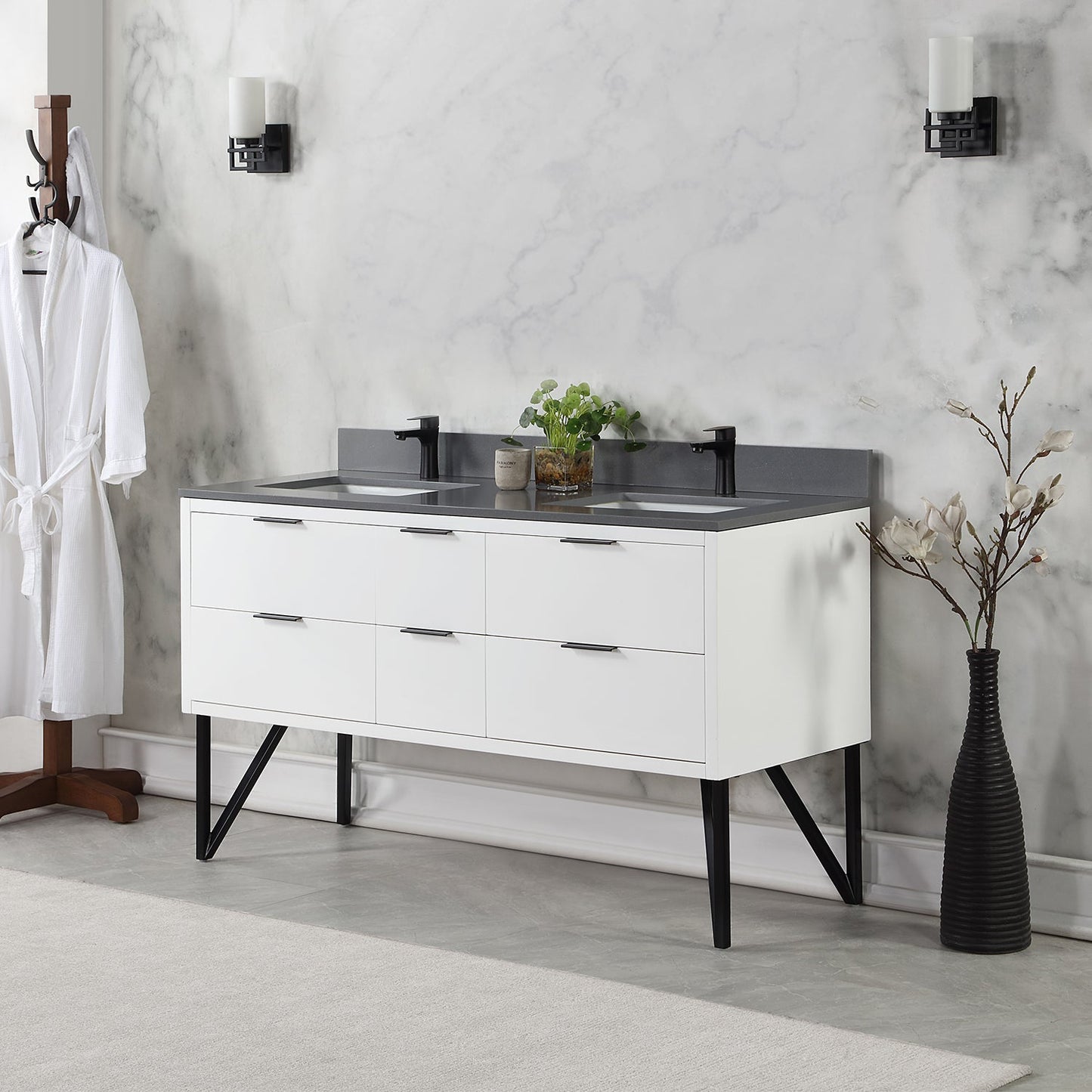 Helios 60" Double Bathroom Vanity in White with Concrete Gray Engineered Stone Countertop without Mirror