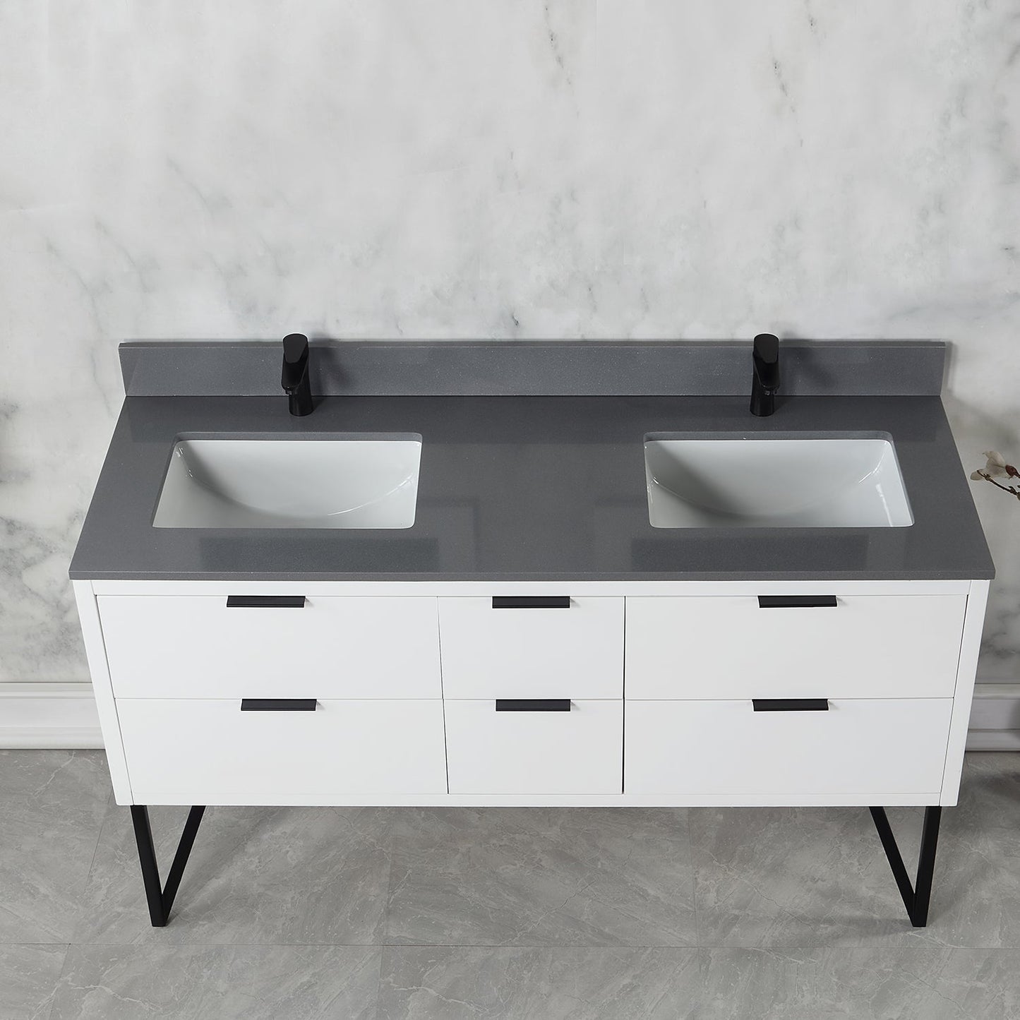 Helios 60" Double Bathroom Vanity in White with Concrete Gray Engineered Stone Countertop without Mirror
