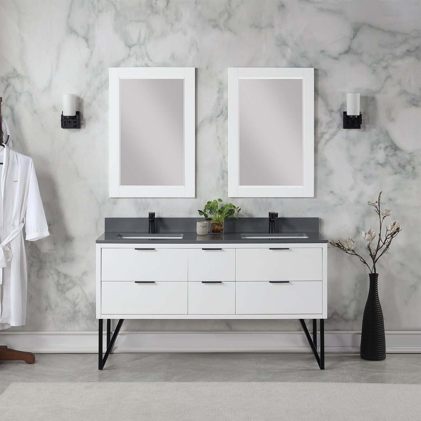 Helios 60" Double Bathroom Vanity in White with Concrete Gray Engineered Stone Countertop with Mirror