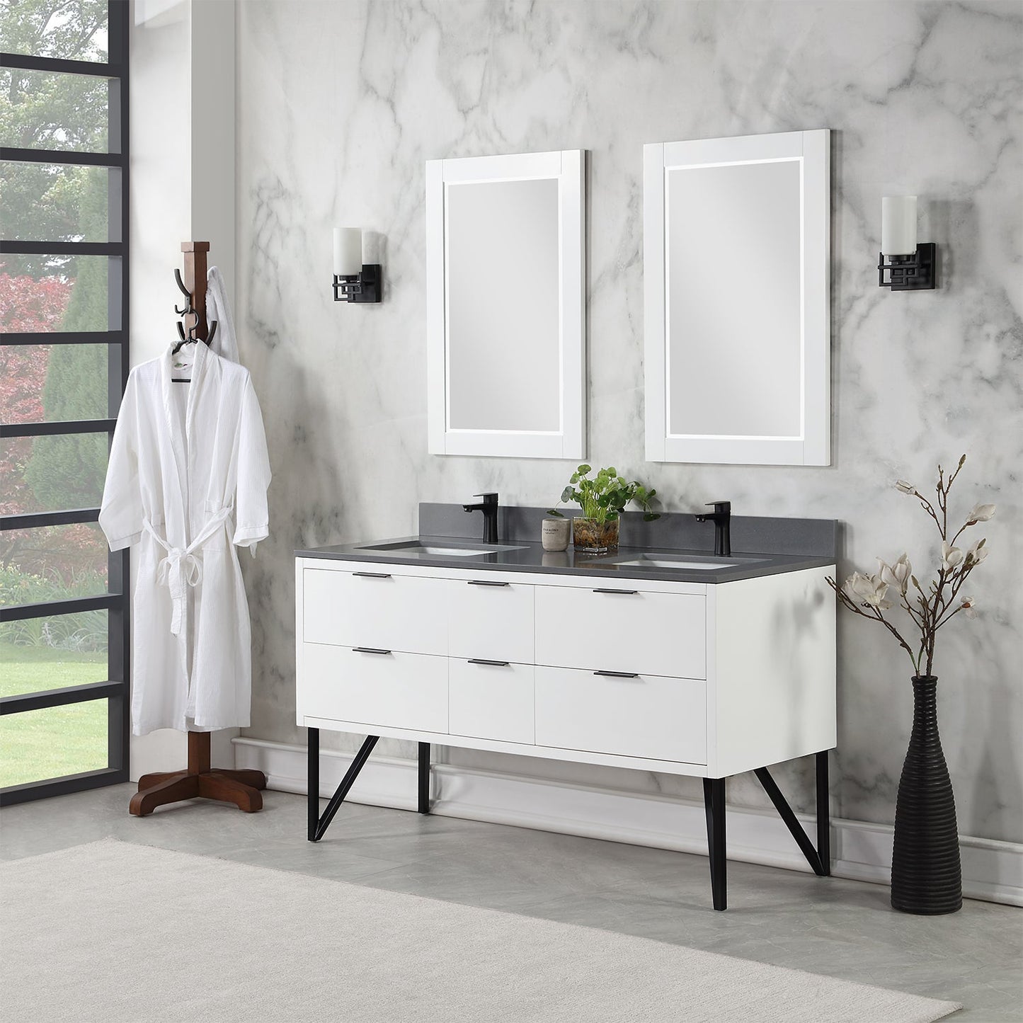 Helios 60" Double Bathroom Vanity in White with Concrete Gray Engineered Stone Countertop with Mirror