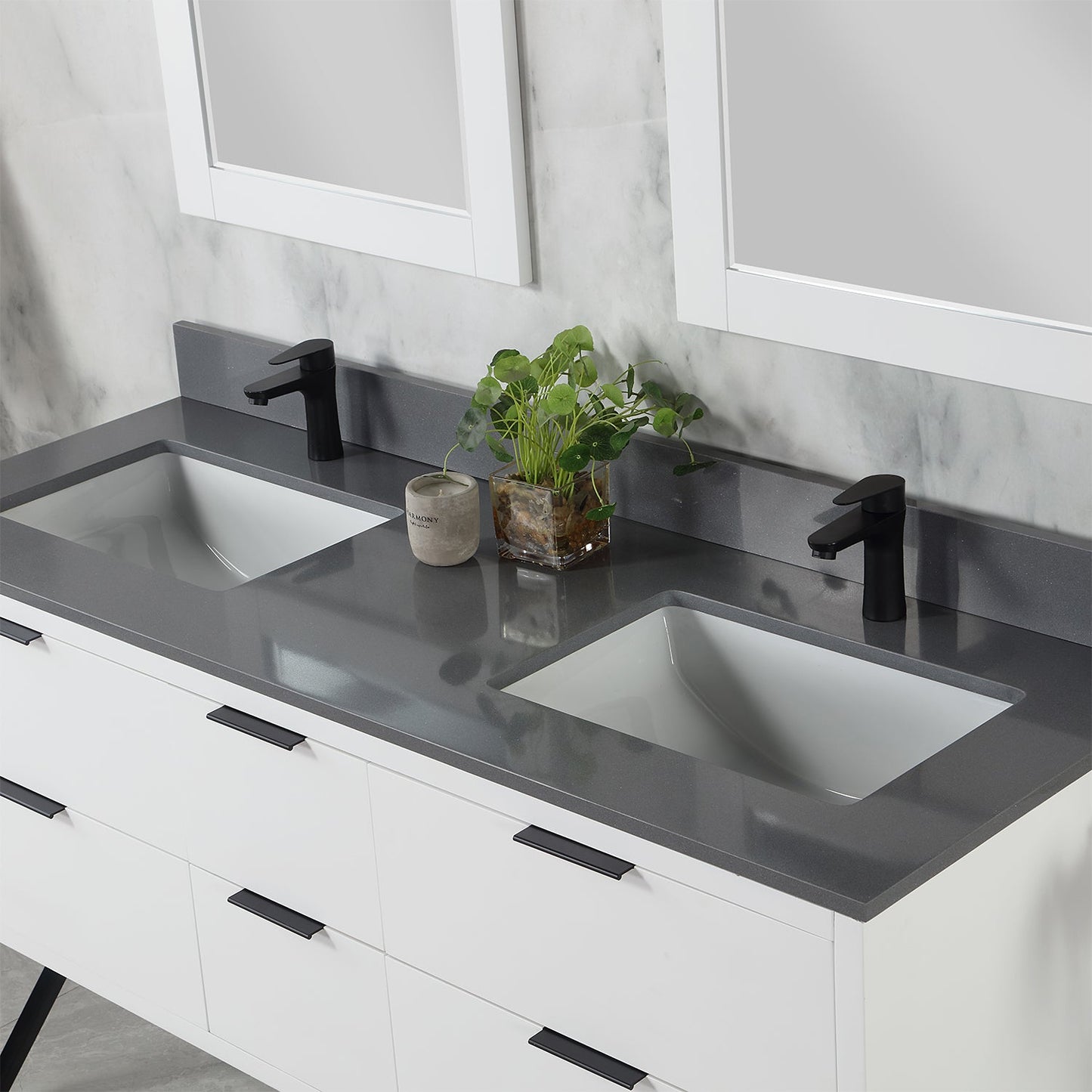 Helios 60" Double Bathroom Vanity in White with Concrete Gray Engineered Stone Countertop with Mirror