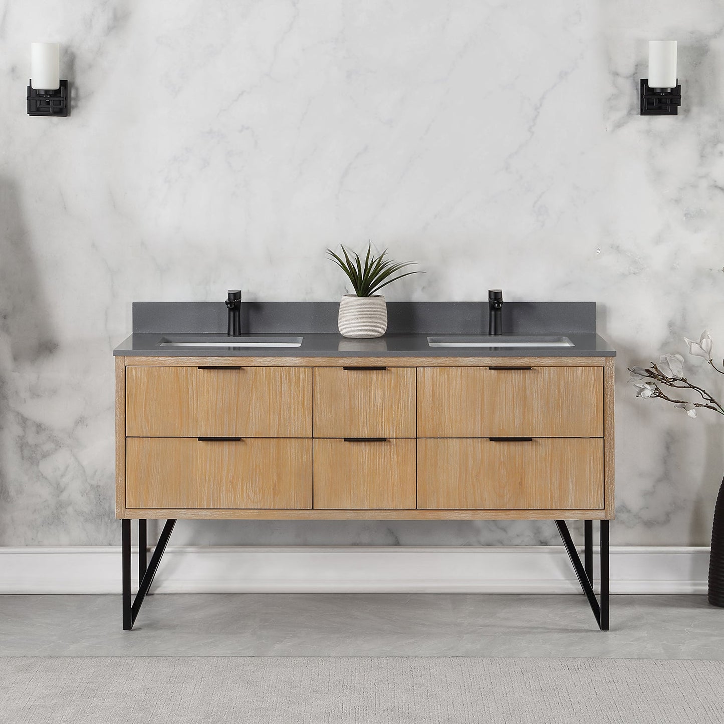 Helios 60" Double Bathroom Vanity in Weathered Pine with Carrara White Engineered Stone Countertop without Mirror